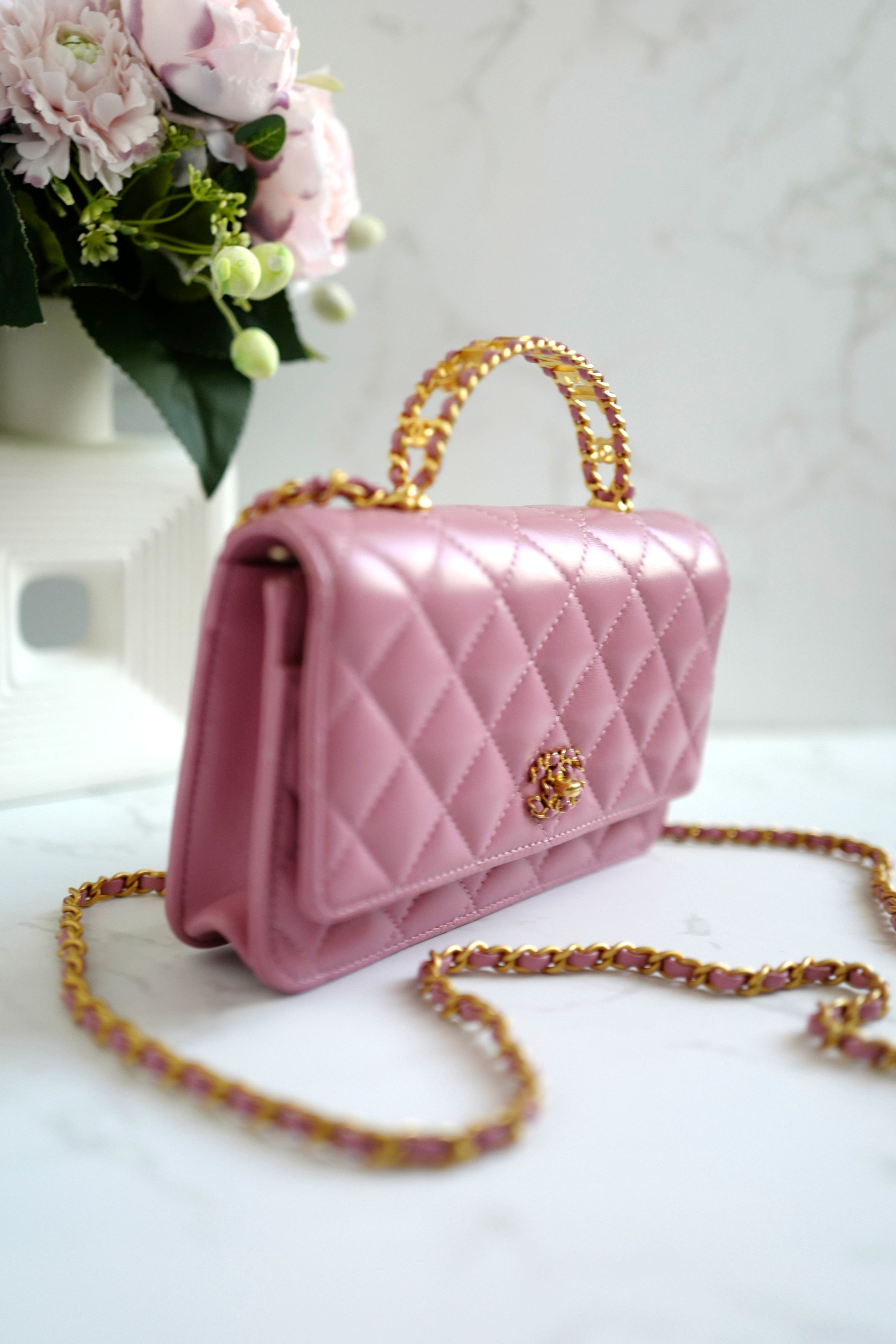 BNIB Chanel O-Mini Top Handle Bag in Pink with Crystal-Embellished Logo Gold HW