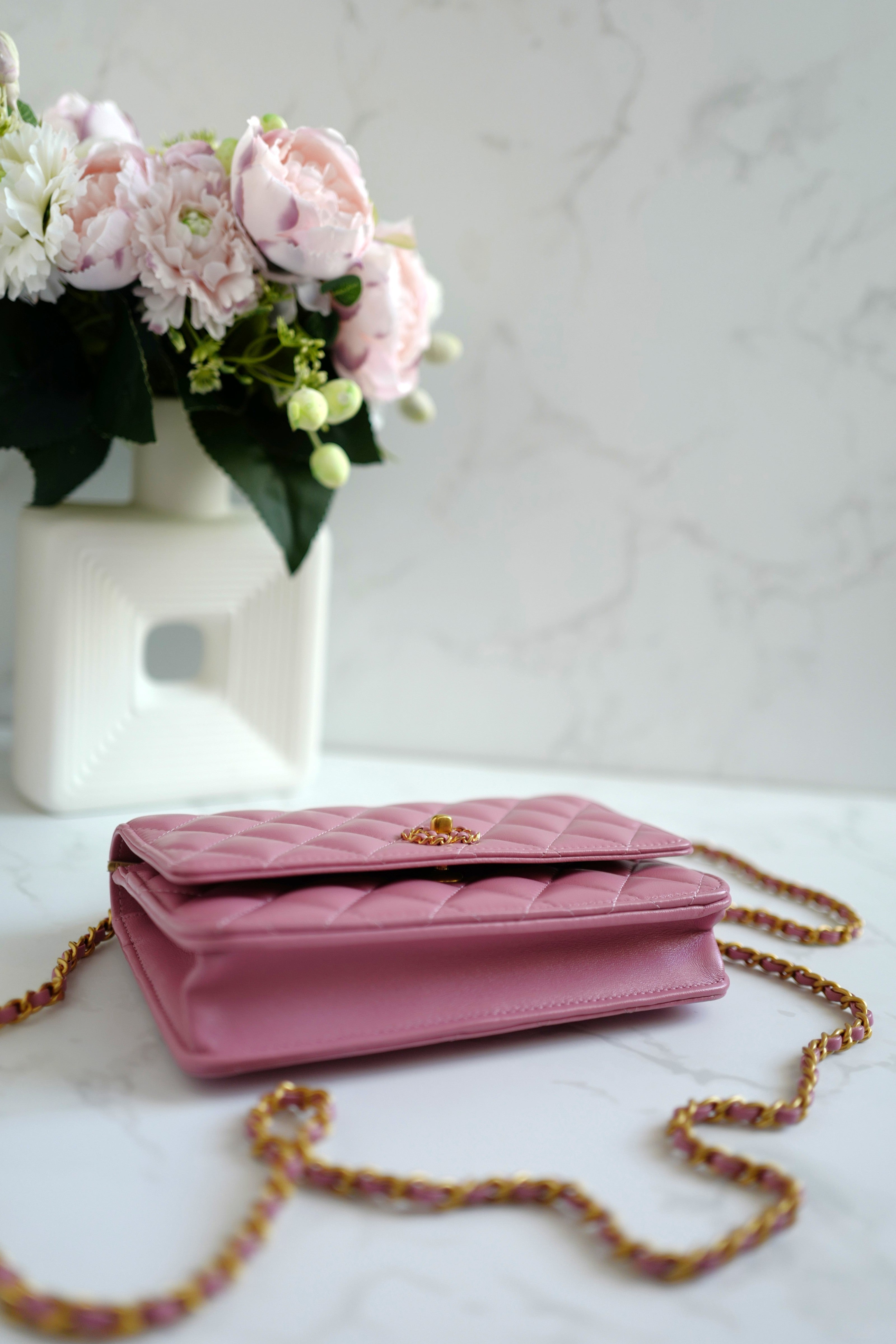 BNIB Chanel O-Mini Top Handle Bag in Pink with Crystal-Embellished Logo Gold HW