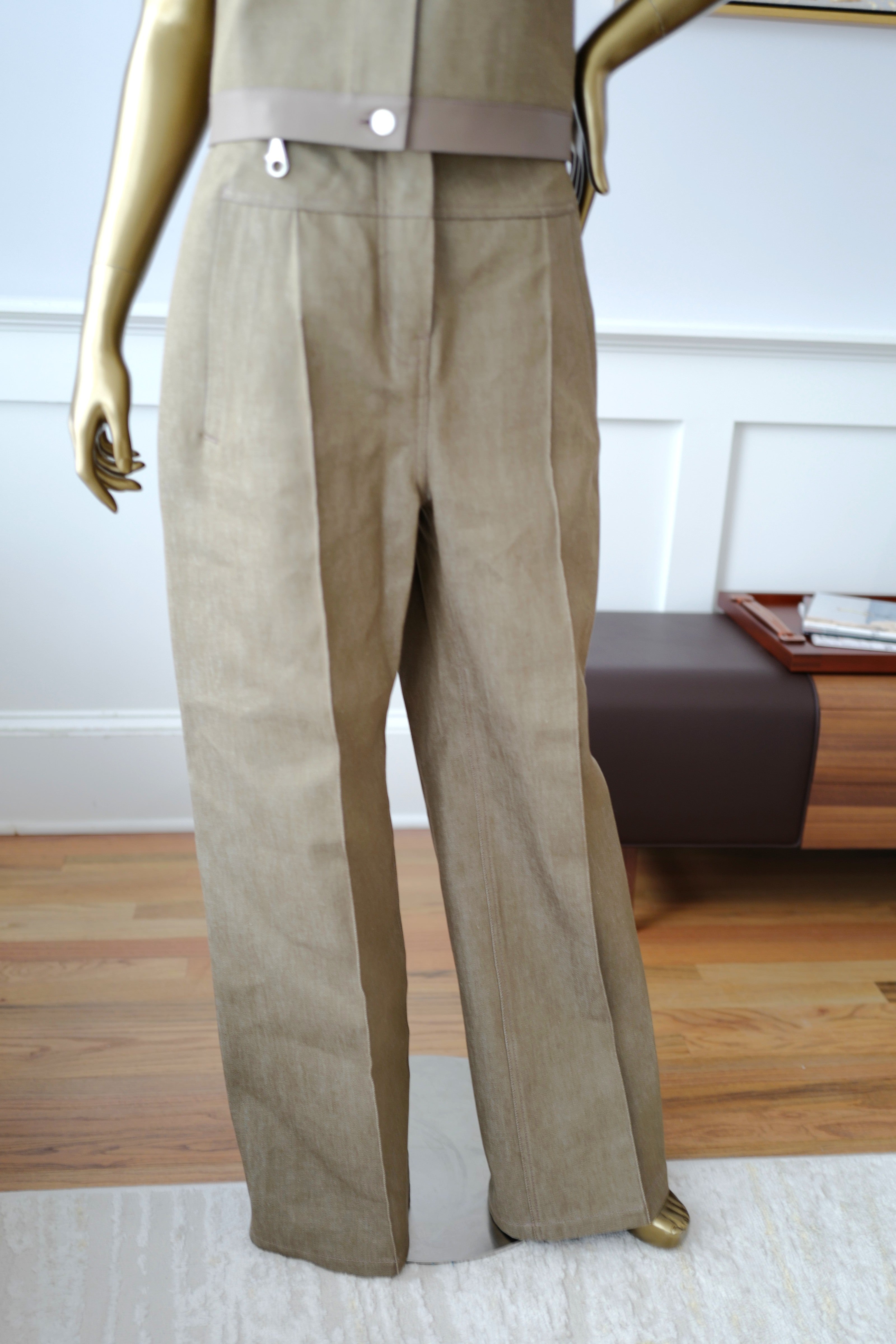 NEW Hermès SS25 Loose-Fit Pants with Leather Detail Denim Naturel/Vert - Size 38