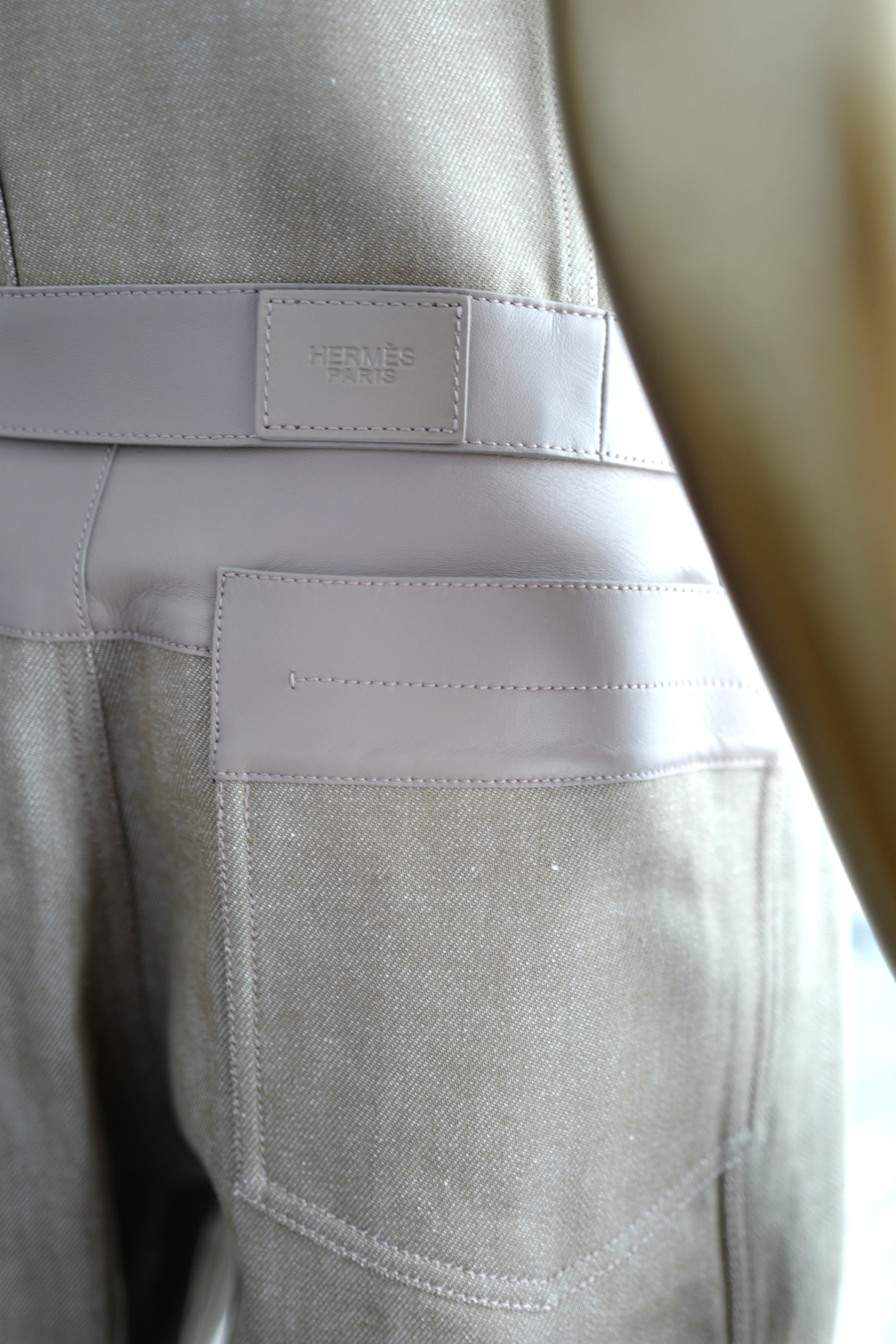 NEW Hermès SS25 Loose-Fit Pants with Leather Detail Denim Naturel/Vert - Size 38