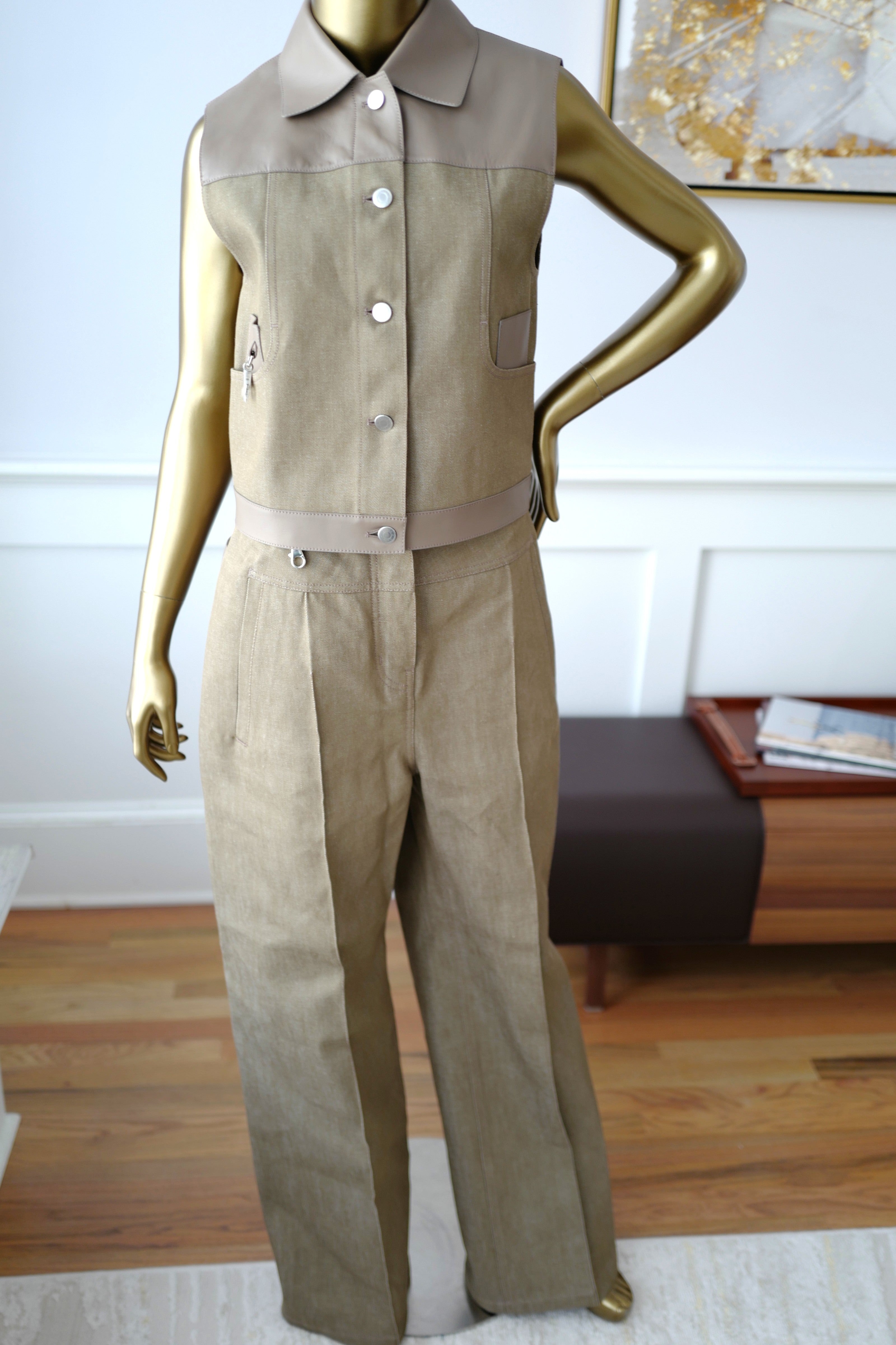 NEW Hermès SS25 Loose-Fit Pants with Leather Detail Denim Naturel/Vert - Size 38