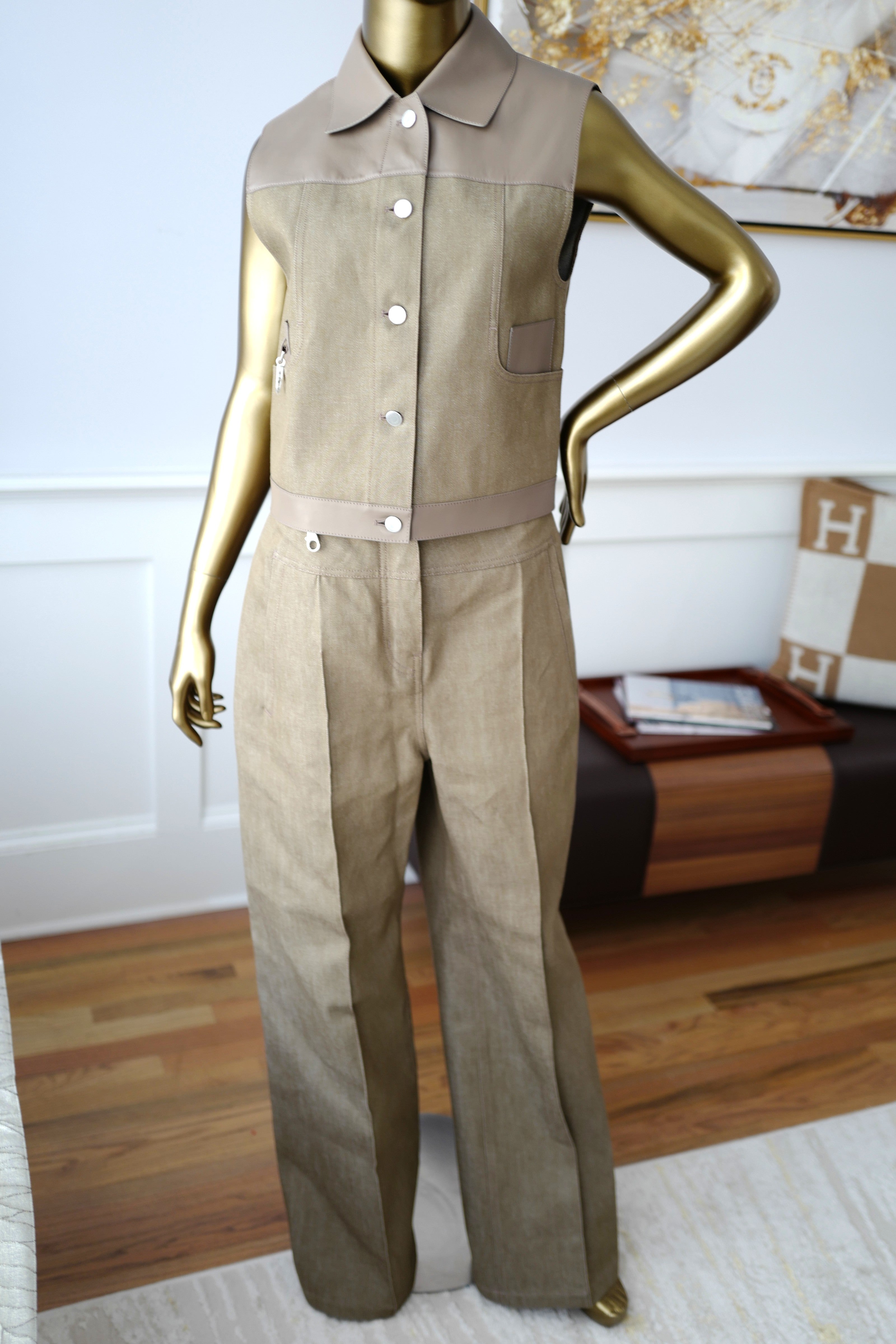 NEW Hermès SS25 Loose-Fit Pants with Leather Detail Denim Naturel/Vert - Size 38