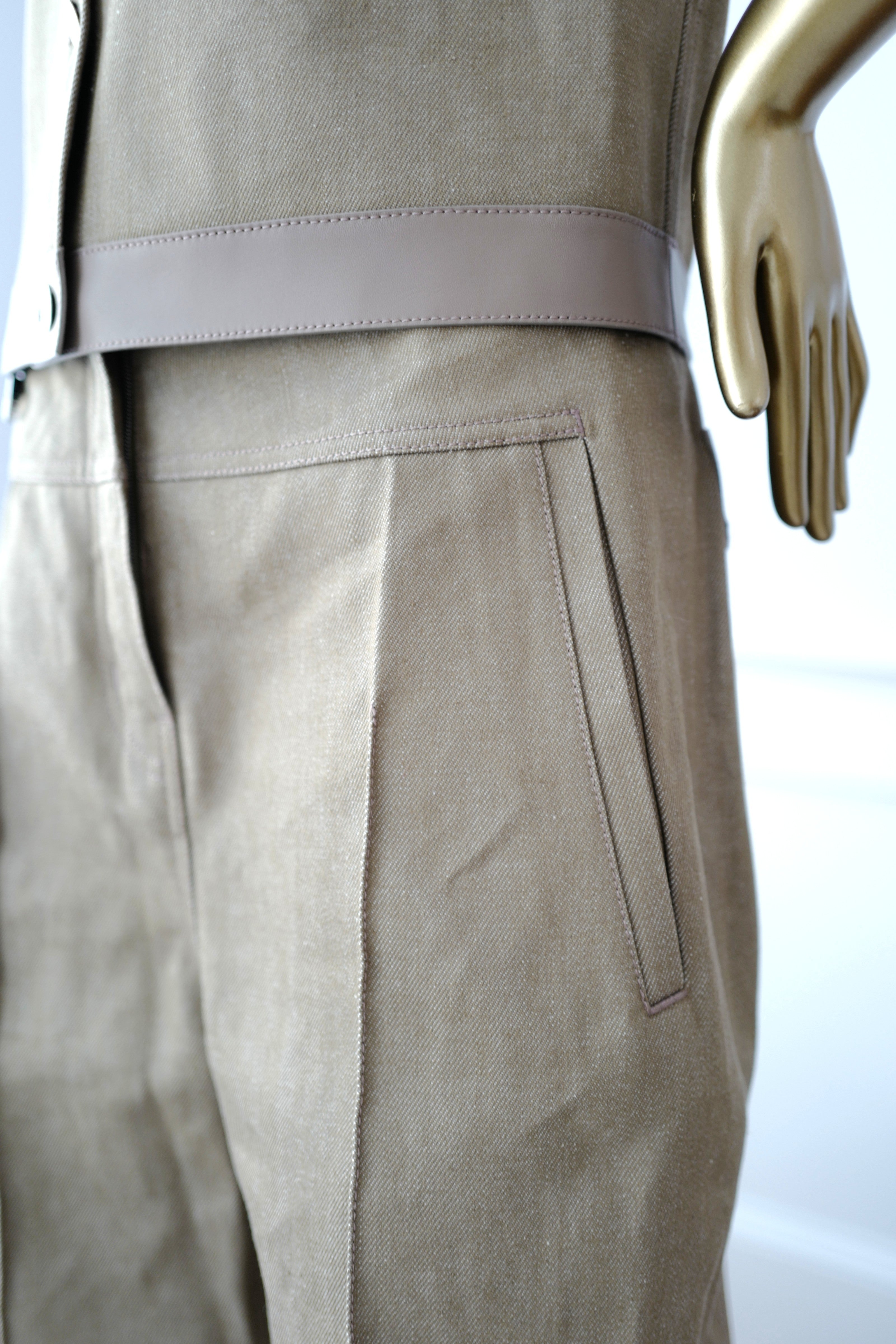 NEW Hermès SS25 Loose-Fit Pants with Leather Detail Denim Naturel/Vert - Size 38