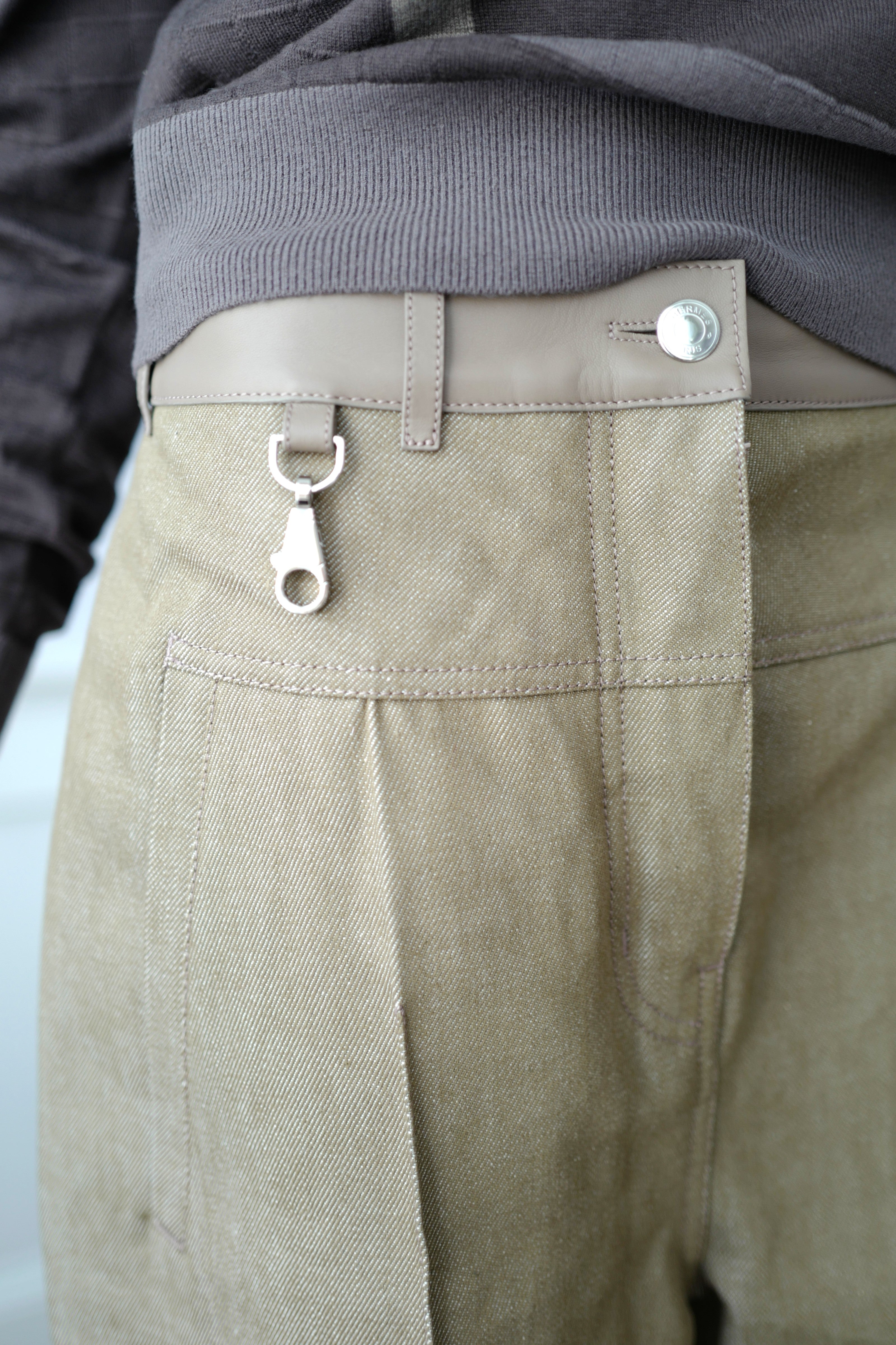 NEW Hermès SS25 Loose-Fit Pants with Leather Detail Denim Naturel/Vert - Size 38