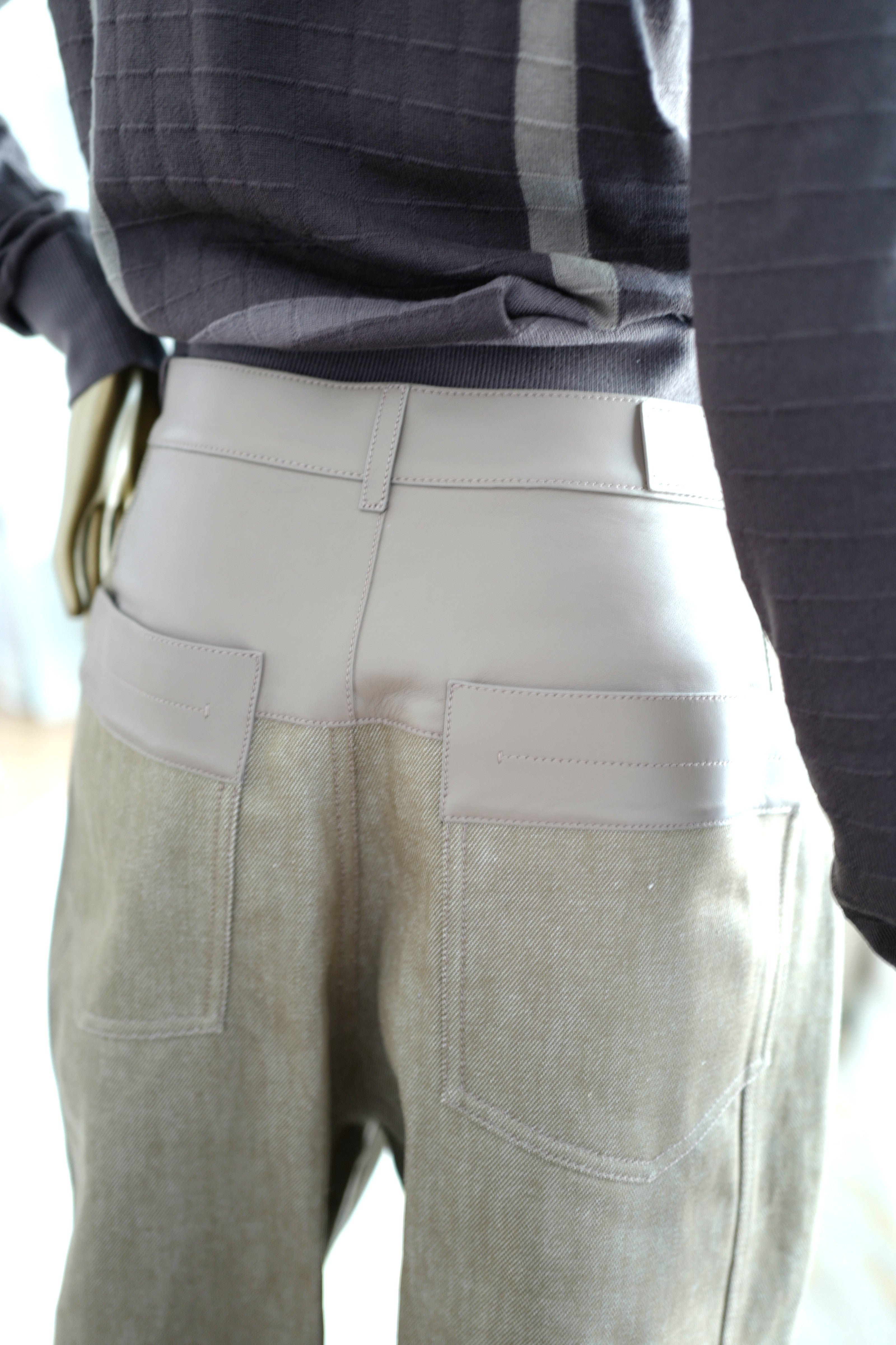 NEW Hermès SS25 Loose-Fit Pants with Leather Detail Denim Naturel/Vert - Size 38
