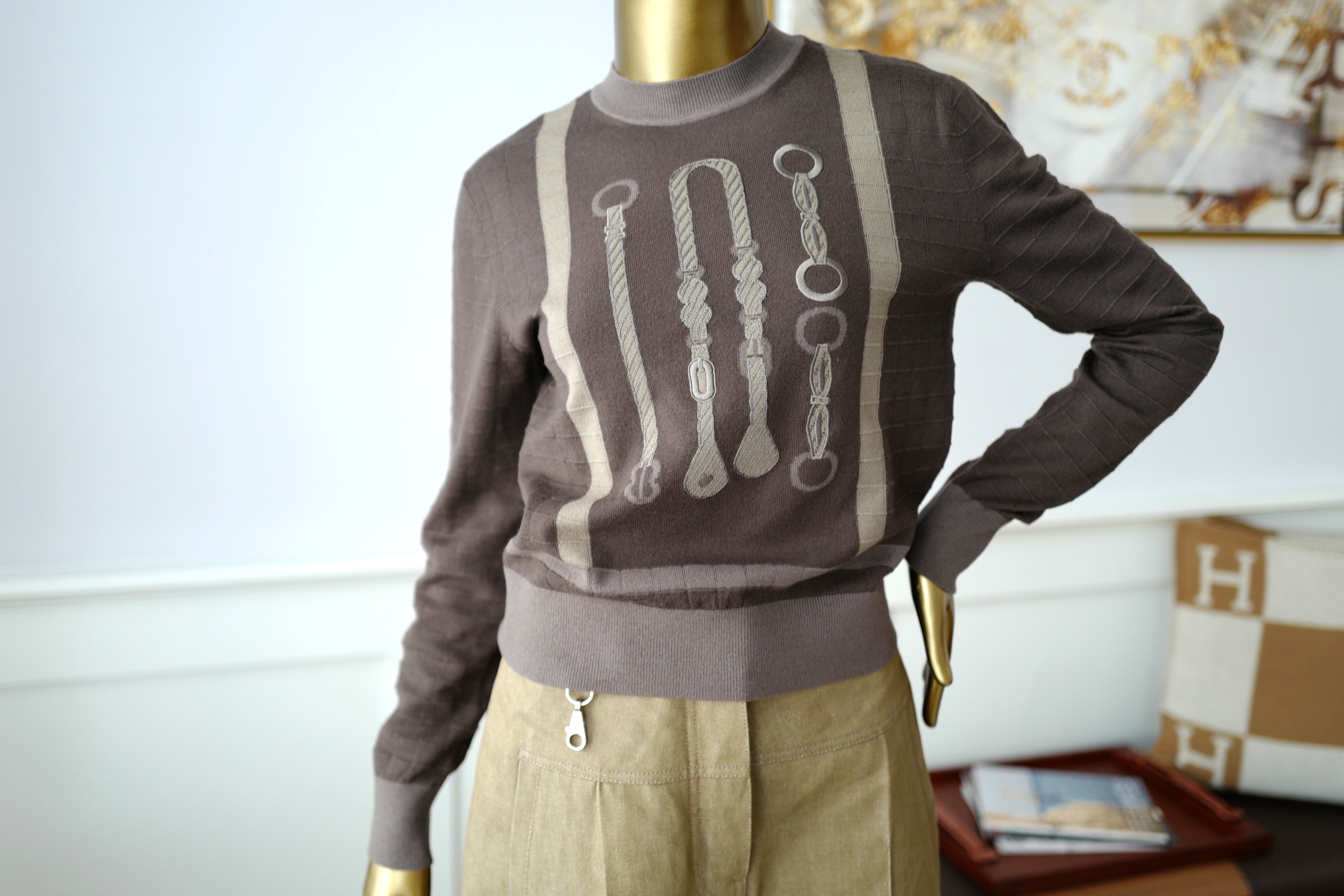 NEW Hermès SS25 Long-sleeved “Coaching” Pattern Sweater Marron Fusain - Size 36