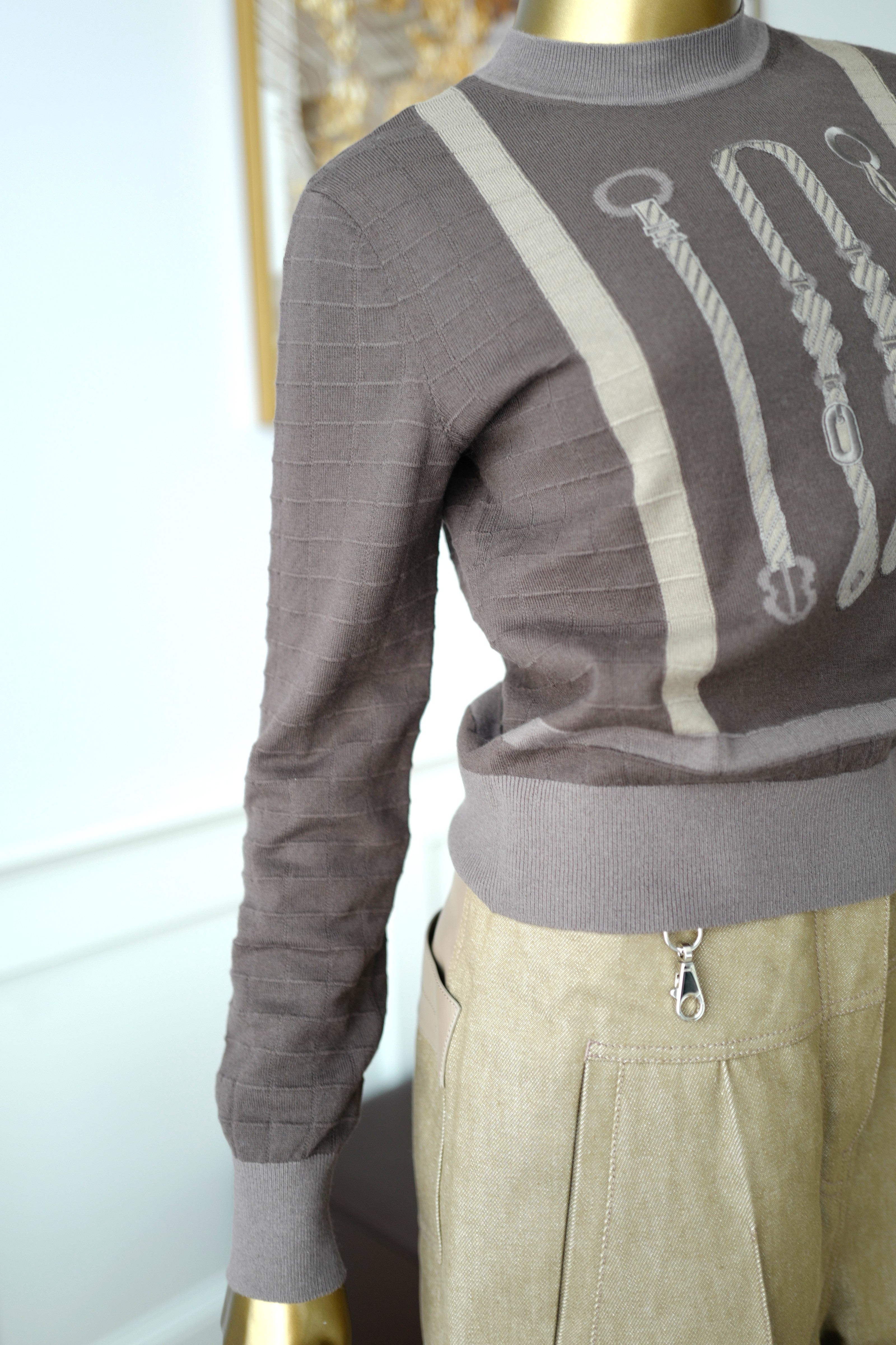NEW Hermès SS25 Long-sleeved “Coaching” Pattern Sweater Marron Fusain - Size 36