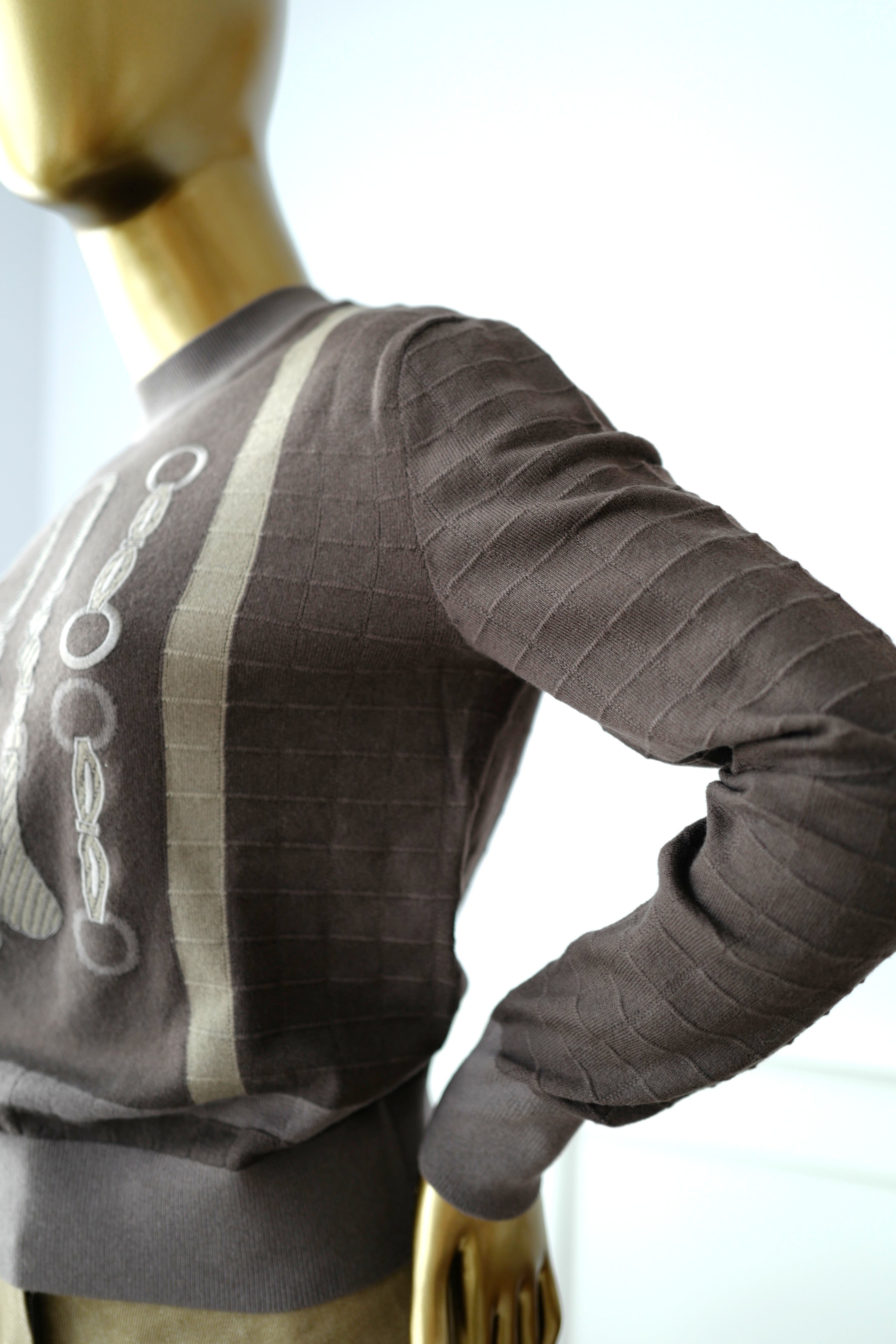 NEW Hermès SS25 Long-sleeved “Coaching” Pattern Sweater Marron Fusain - Size 36