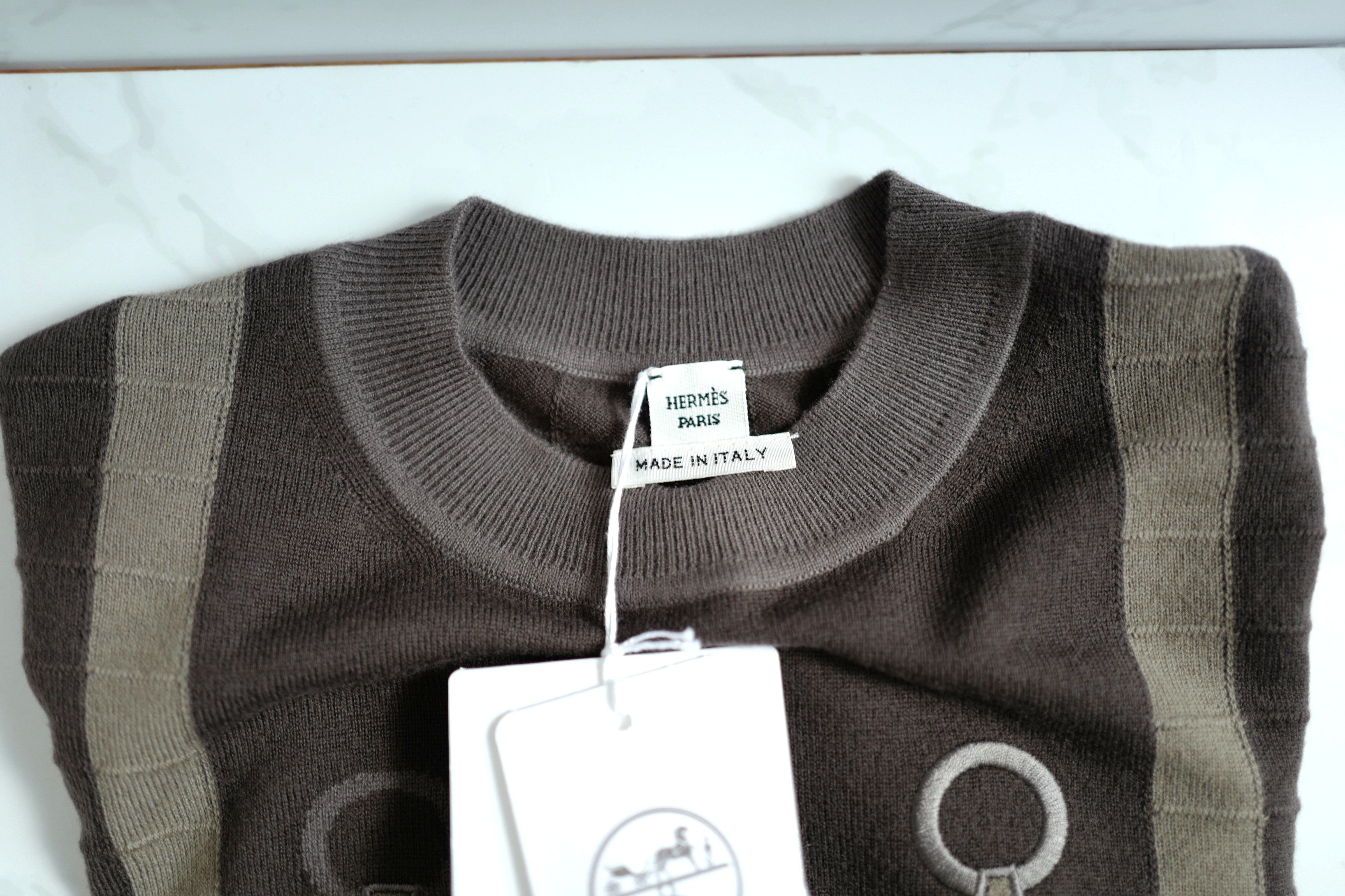 NEW Hermès SS25 Long-sleeved “Coaching” Pattern Sweater Marron Fusain - Size 36