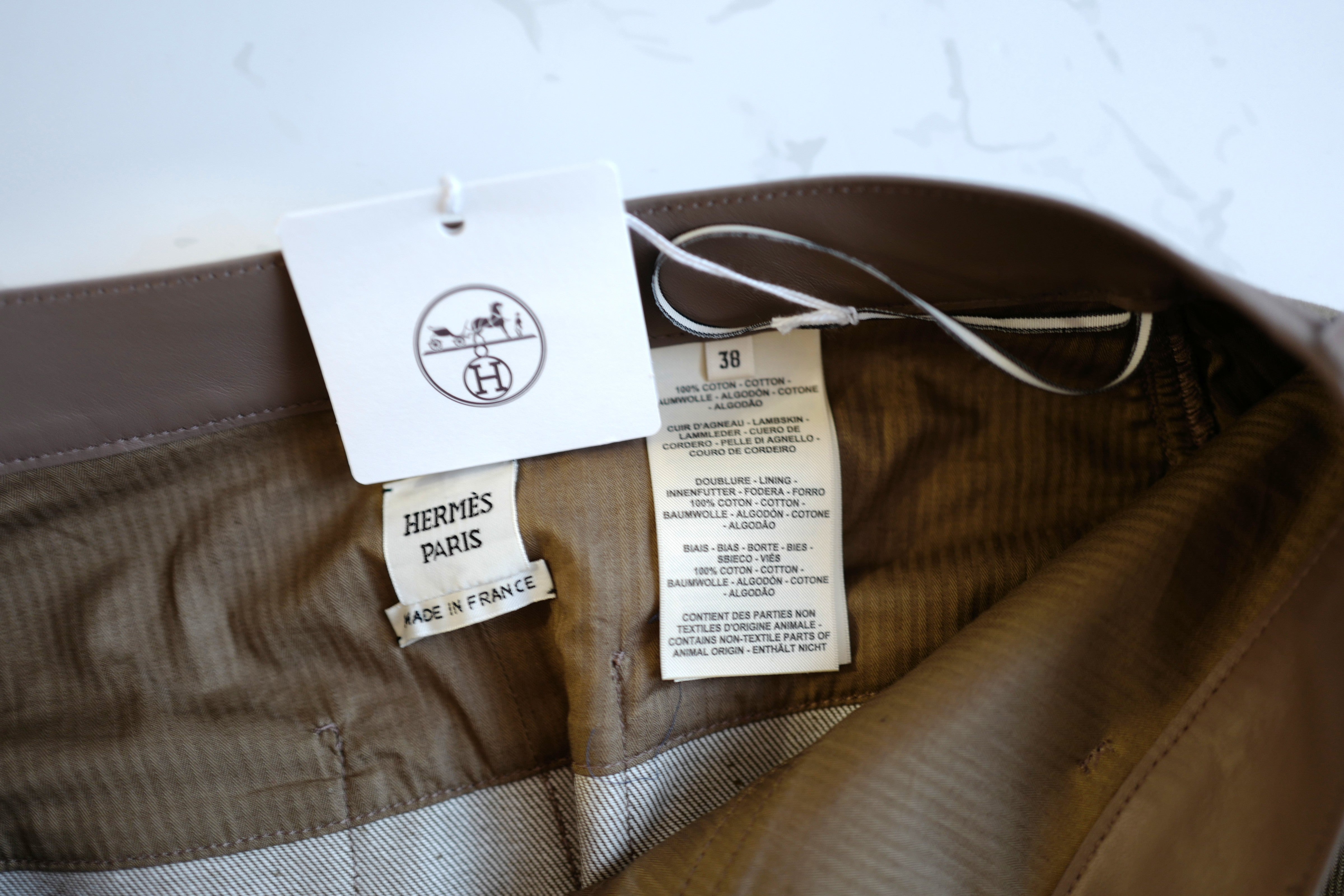 NEW Hermès SS25 Loose-Fit Pants with Leather Detail Denim Naturel/Vert - Size 38