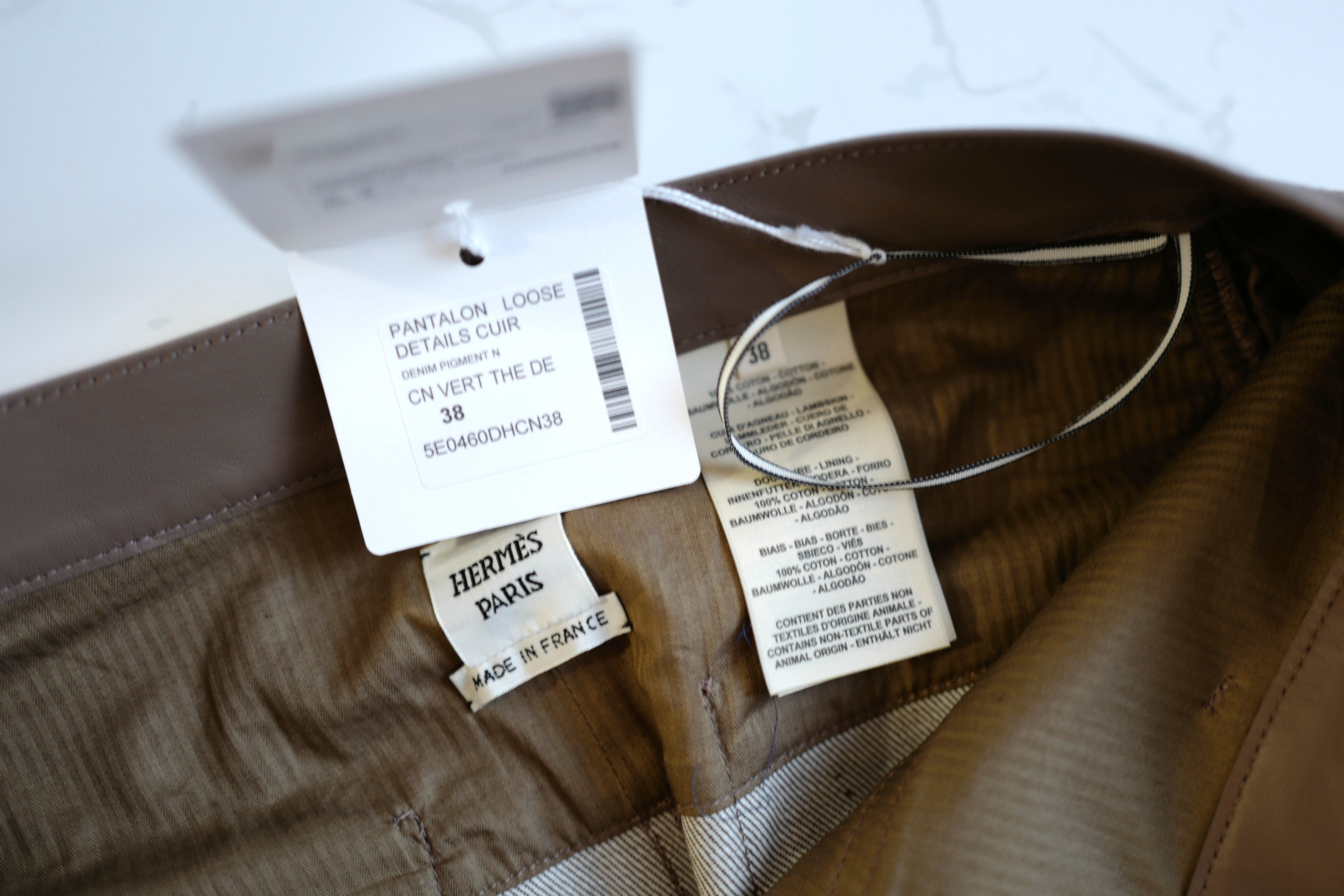NEW Hermès SS25 Loose-Fit Pants with Leather Detail Denim Naturel/Vert - Size 38