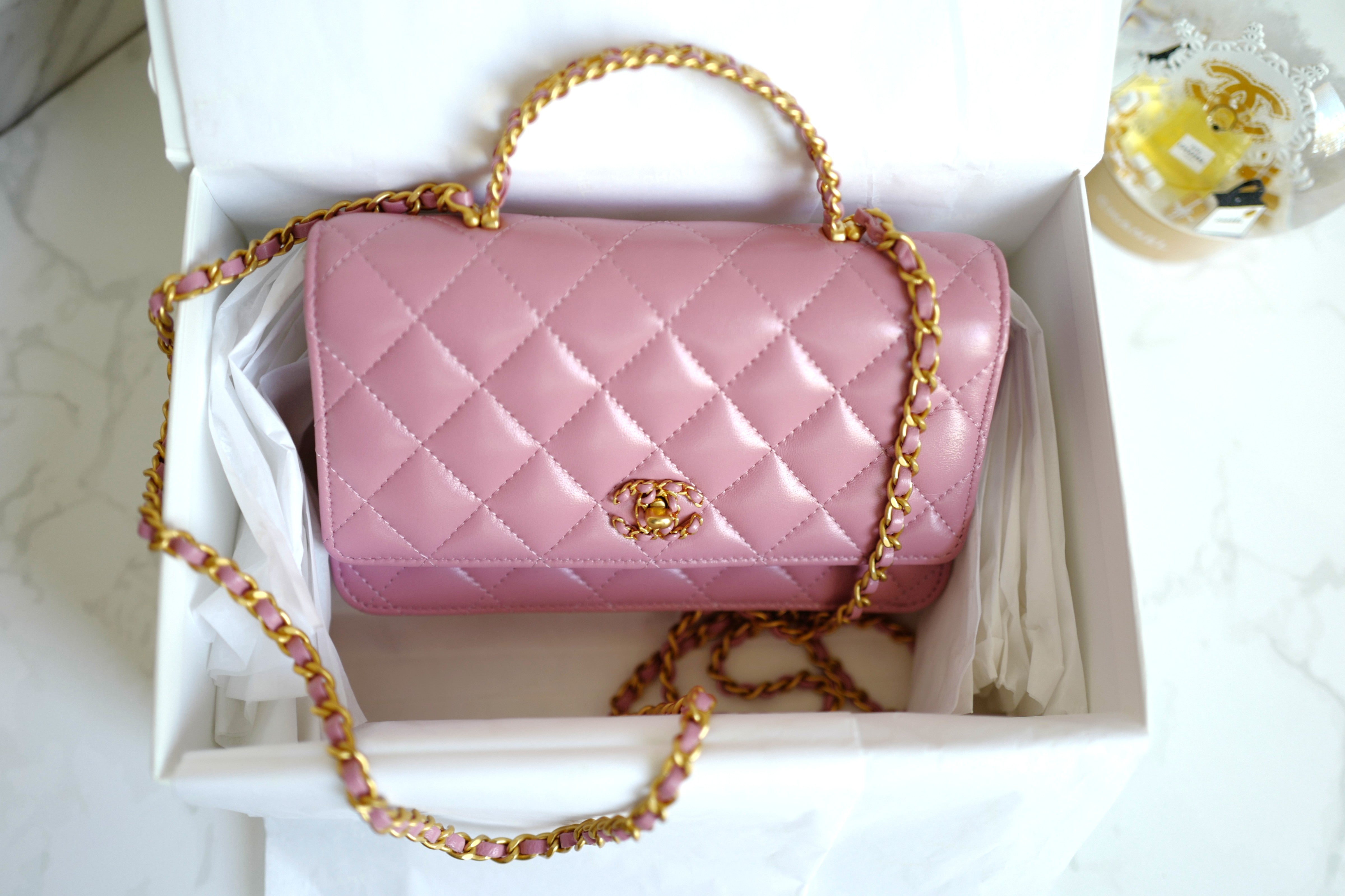 BNIB Chanel O-Mini Top Handle Bag in Pink with Crystal-Embellished Logo Gold HW