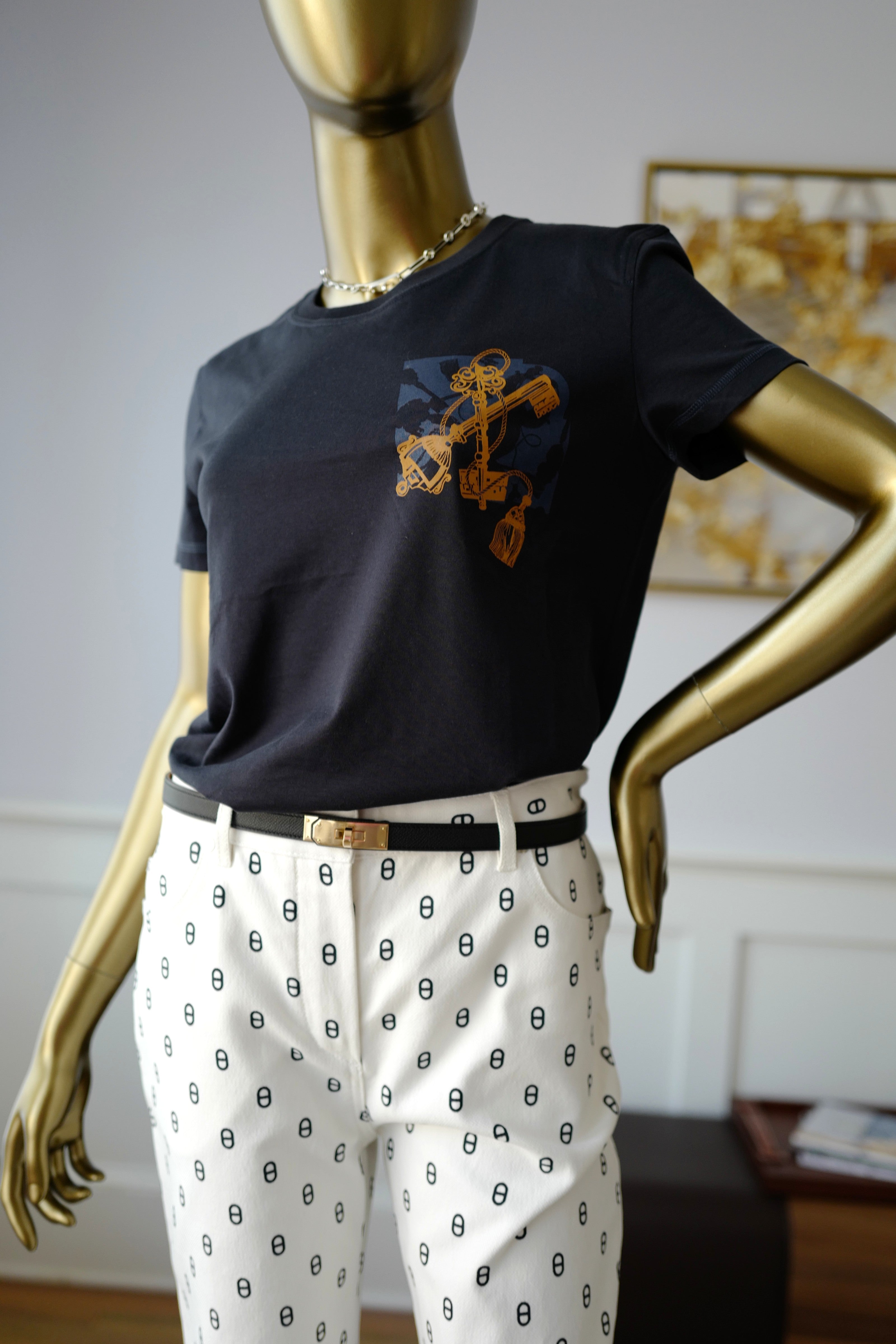 NEW Hermes T-Shirt Cartouche Bleu Noir Size 34