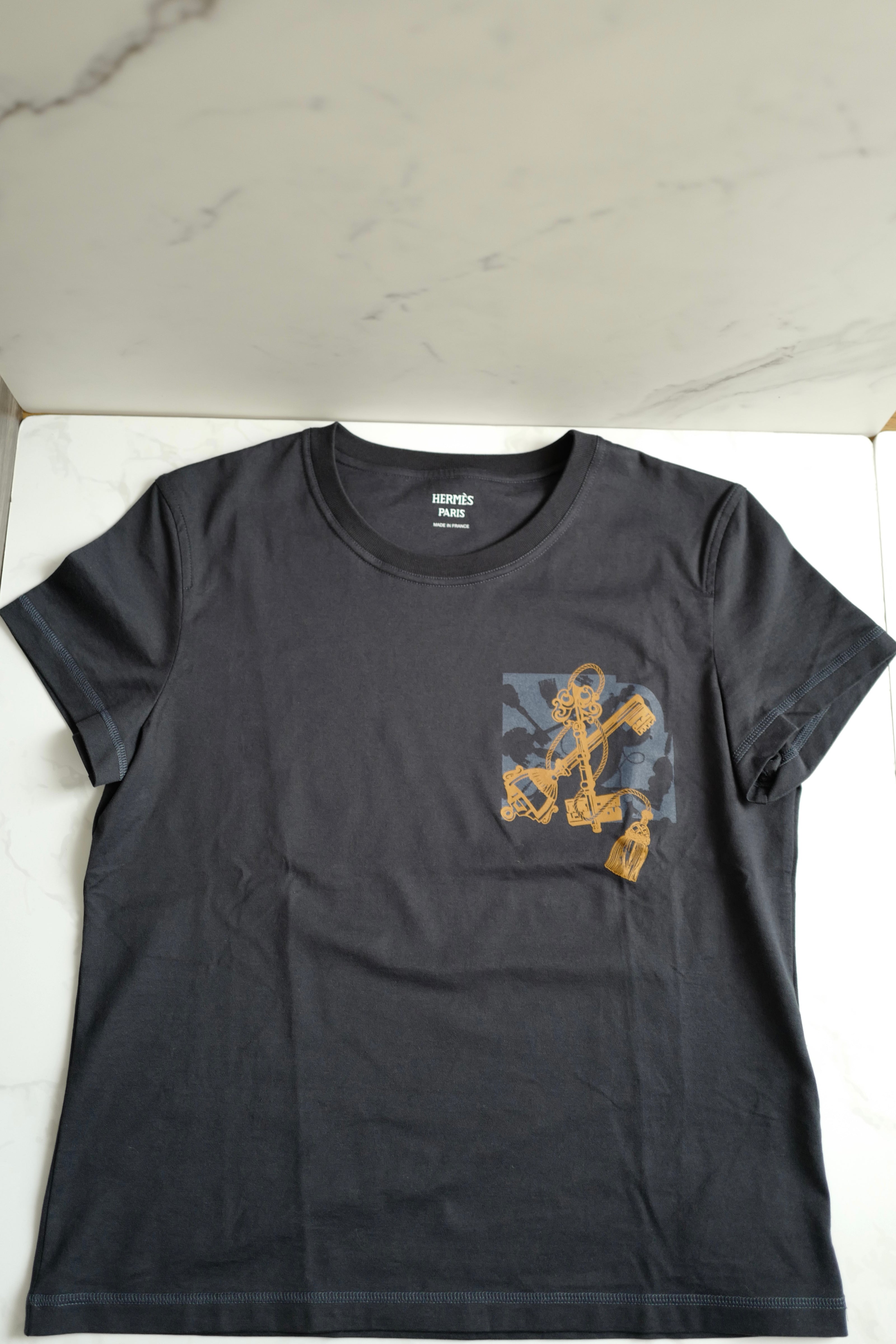 NEW Hermes T-Shirt Cartouche Bleu Noir Size 34