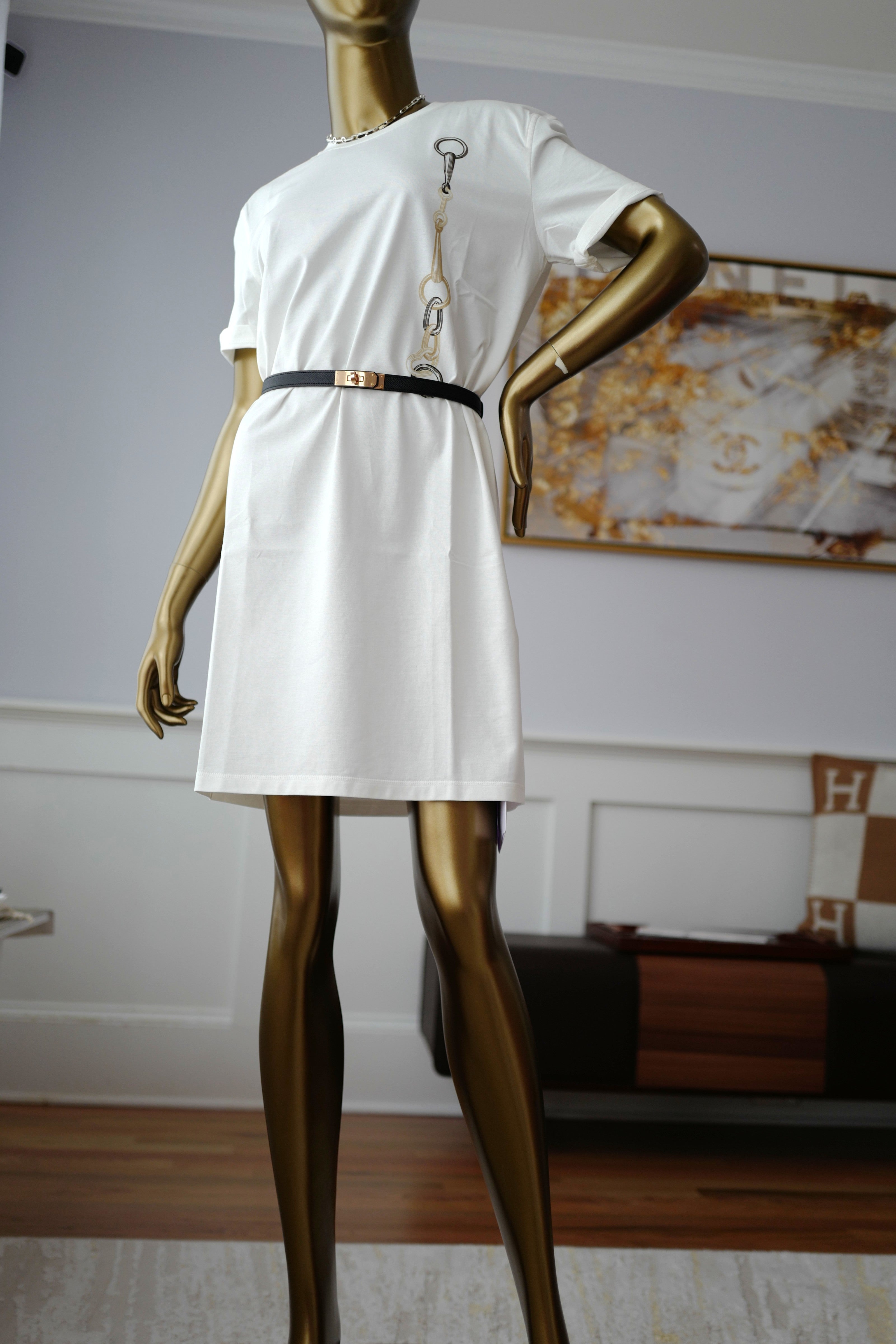 NEW Hermès "Effet Kaleidoscope" T-shirt Dress SS25 in Blanc Cassé - Size 36 $800
