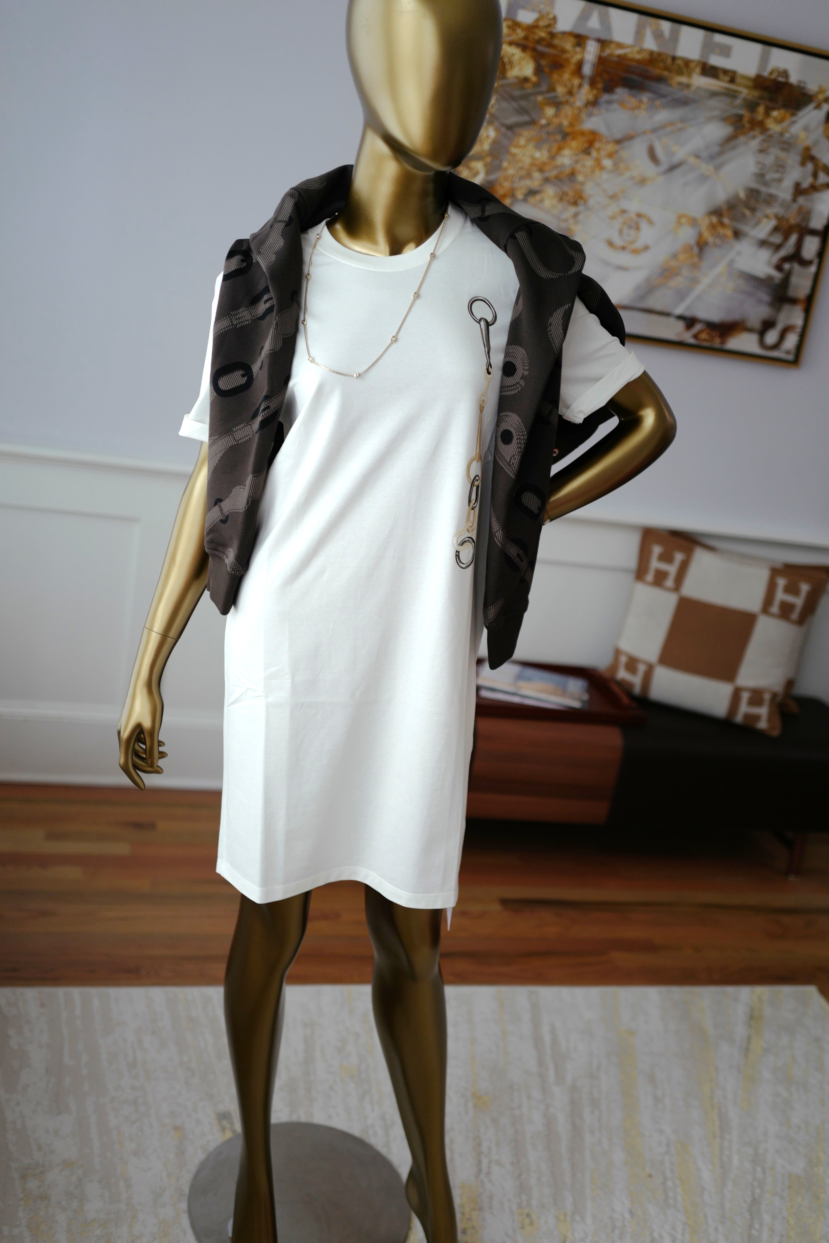 NEW Hermès "Effet Kaleidoscope" T-shirt Dress SS25 in Blanc Cassé - Size 36 $800