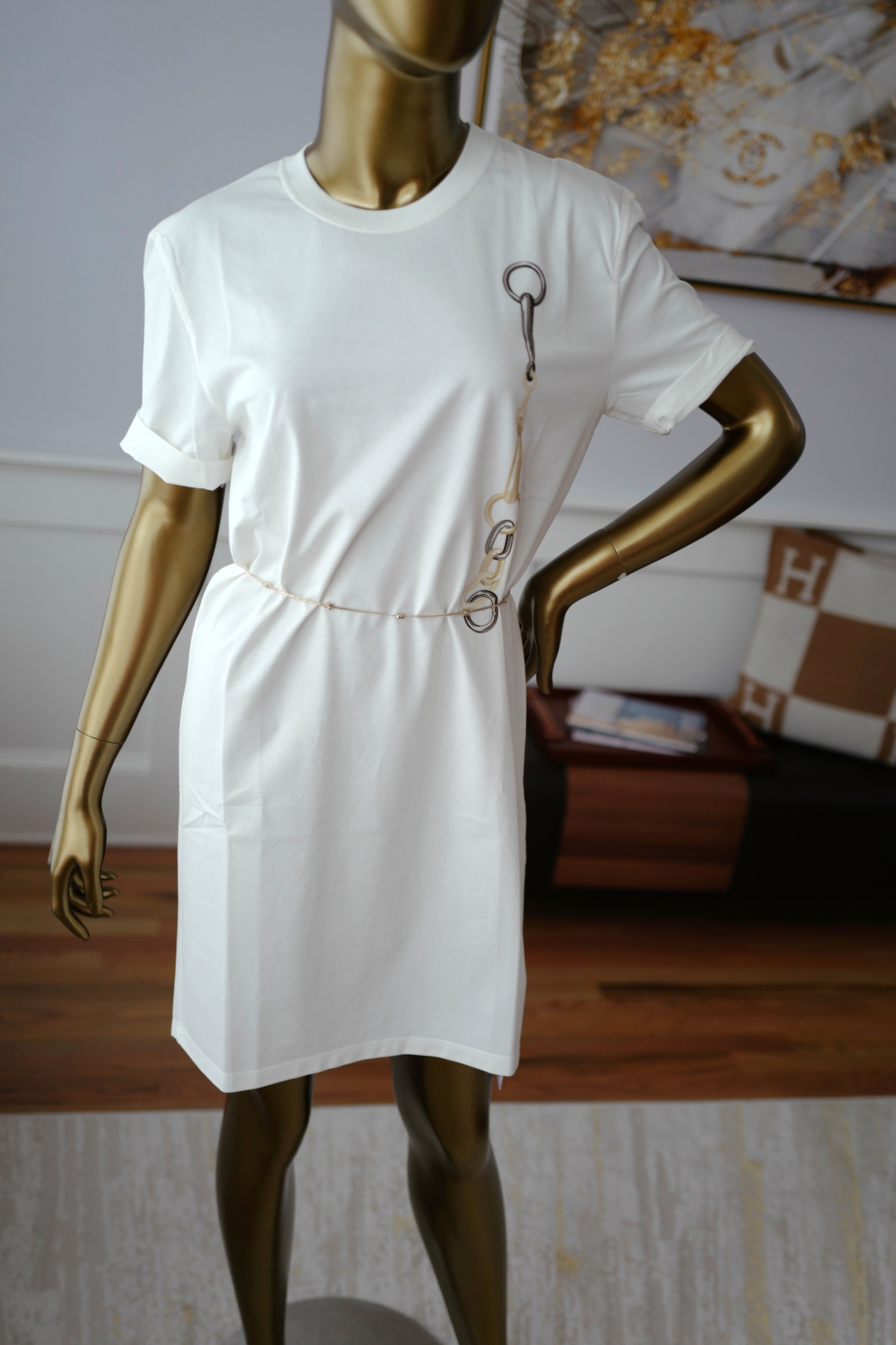 NEW Hermès "Effet Kaleidoscope" T-shirt Dress SS25 in Blanc Cassé - Size 36 $800