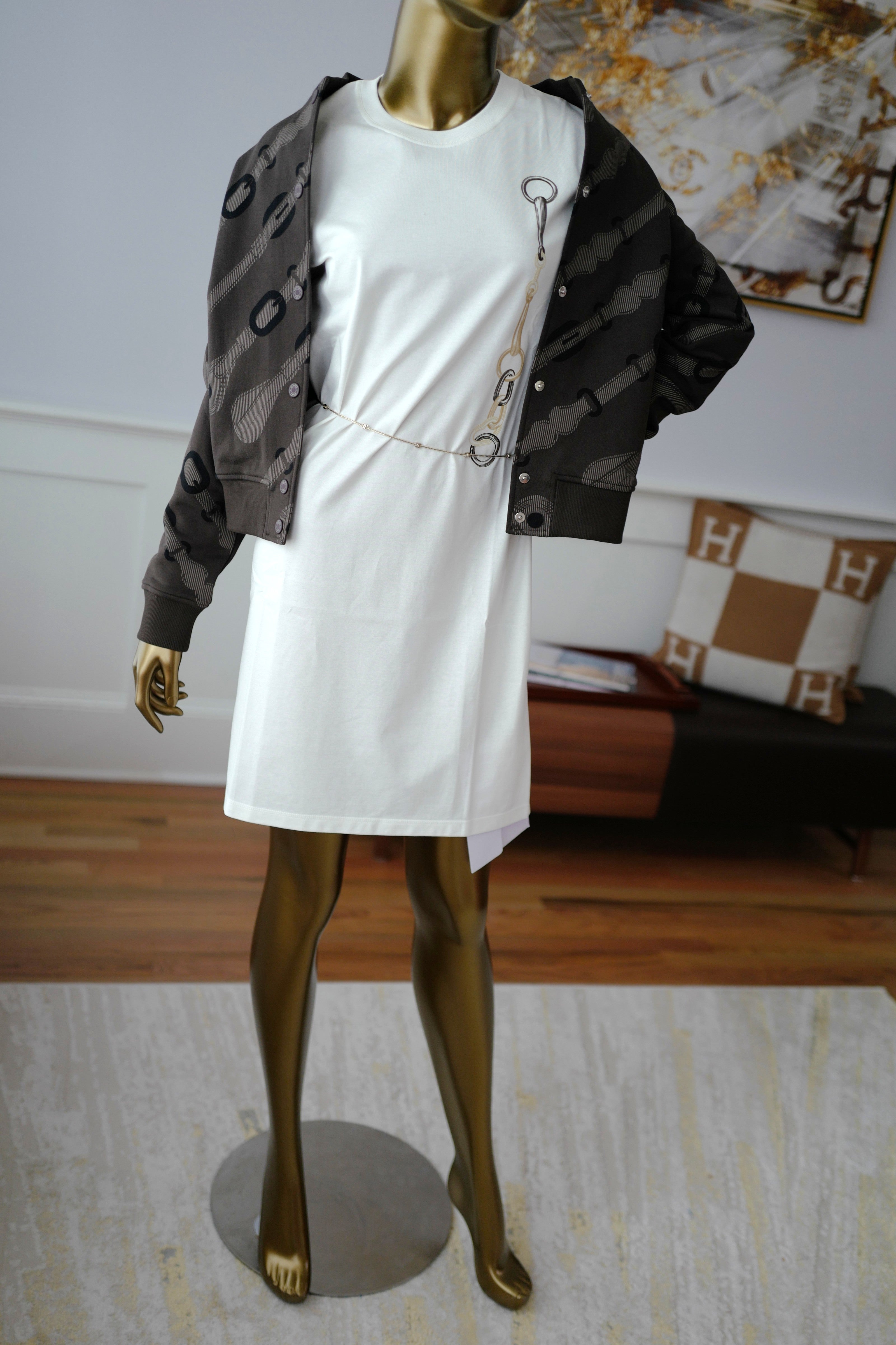NEW Hermès "Effet Kaleidoscope" T-shirt Dress SS25 in Blanc Cassé - Size 36 $800