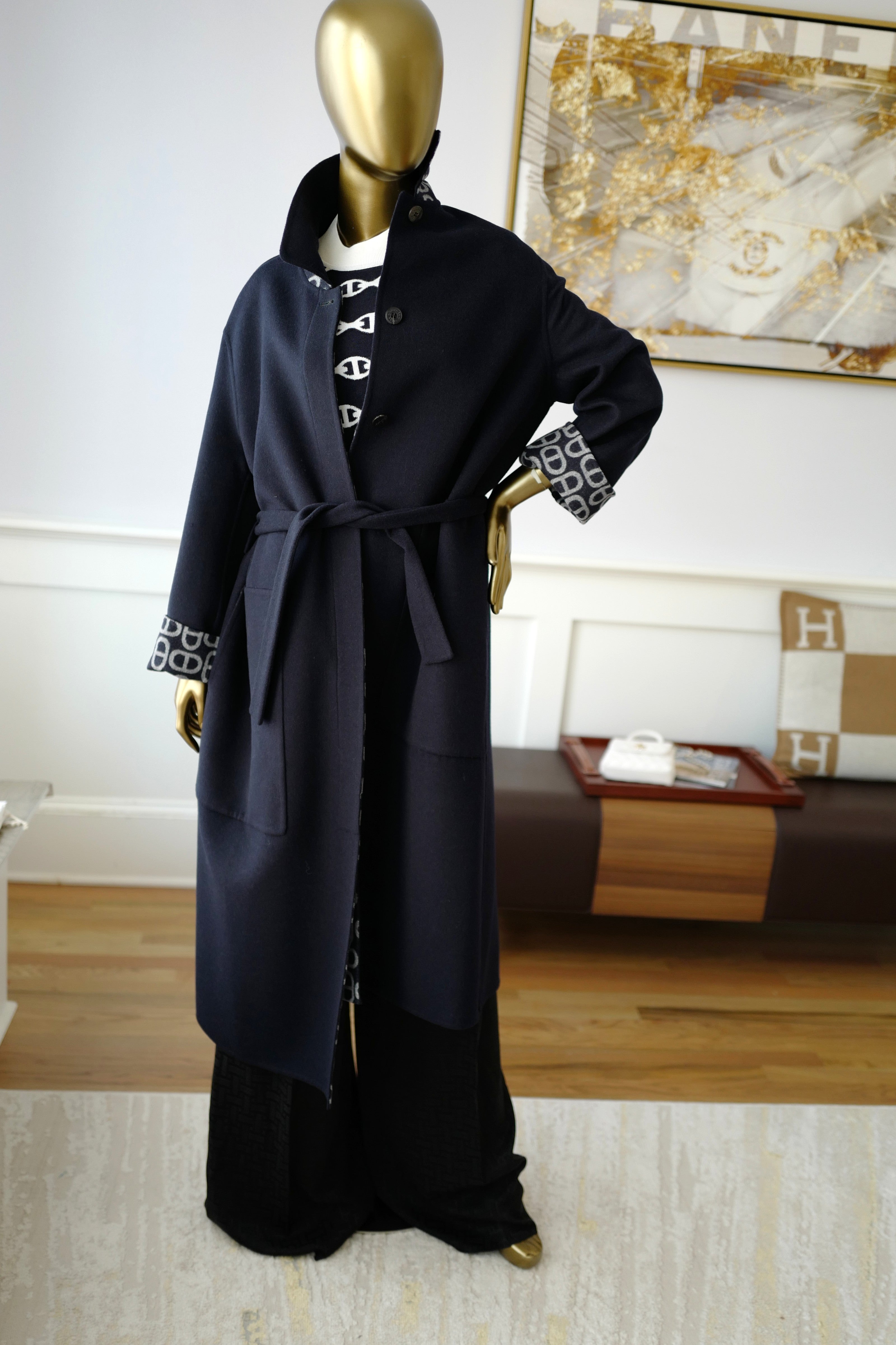 NEW Hermes Chaine d'Ancre Double Cashmere Long Coat in Bleu Marine size 36