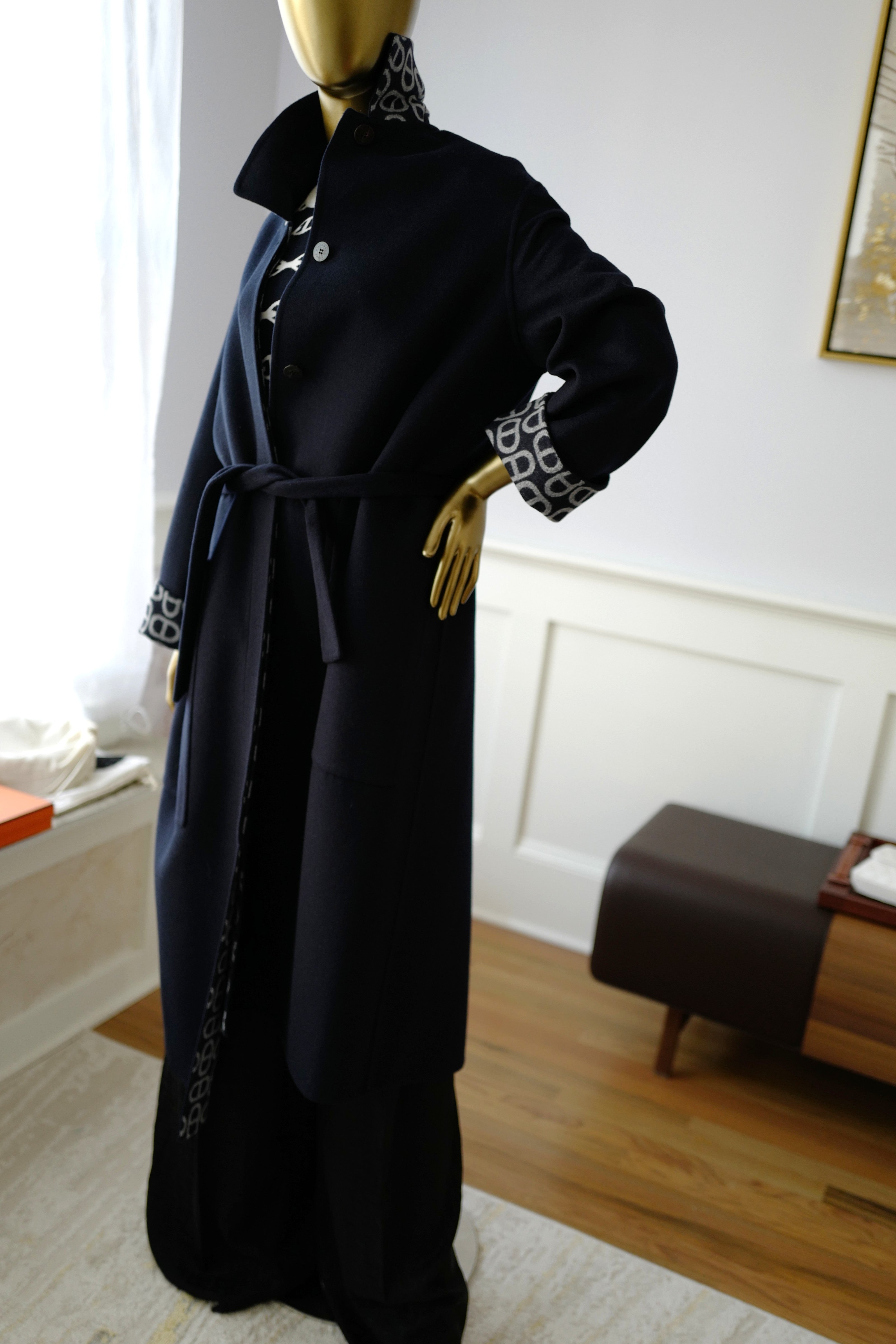 NEW Hermes Chaine d'Ancre Double Cashmere Long Coat in Bleu Marine size 36