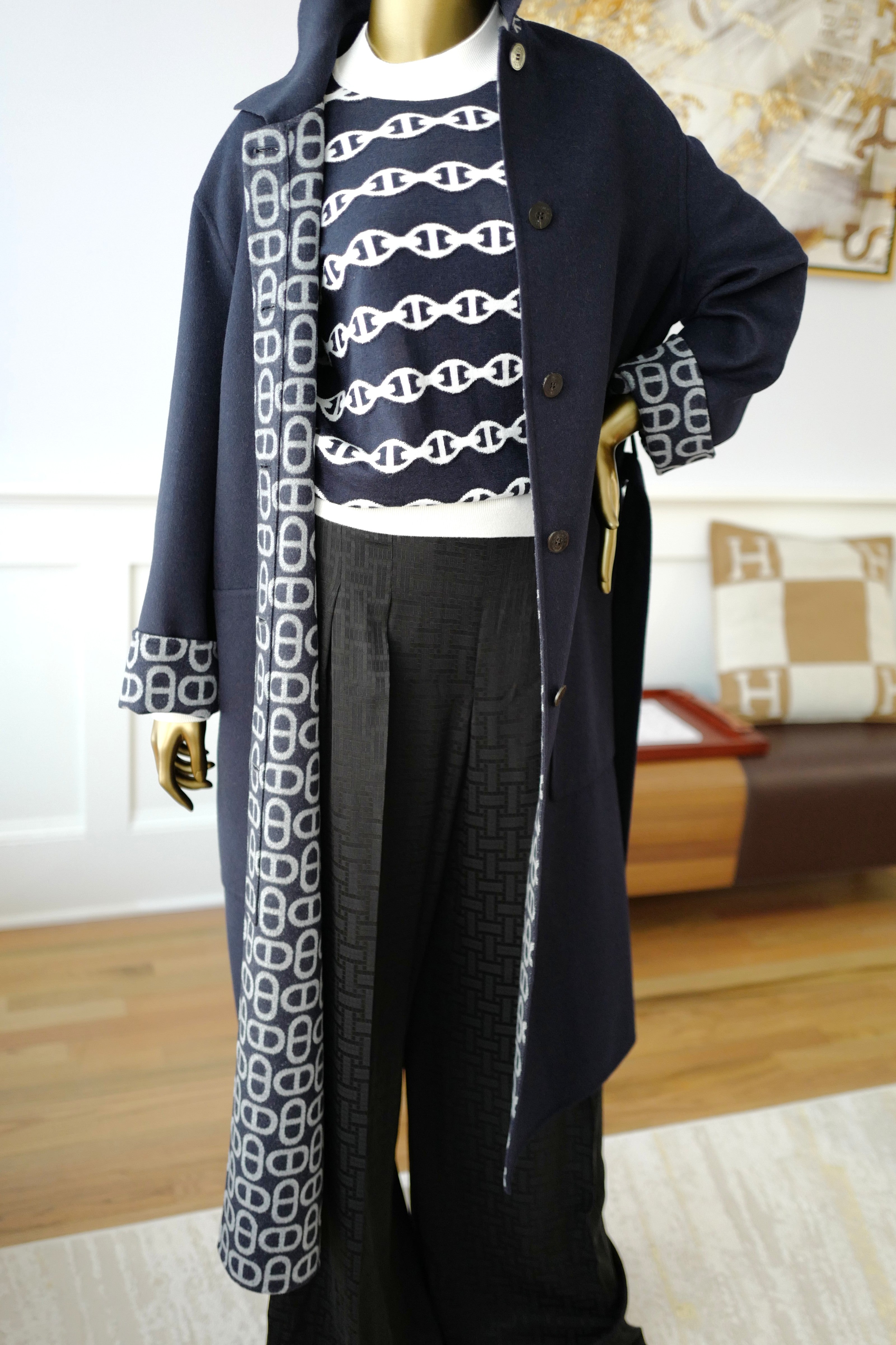 NEW Hermes Chaine d'Ancre Double Cashmere Long Coat in Bleu Marine size 36