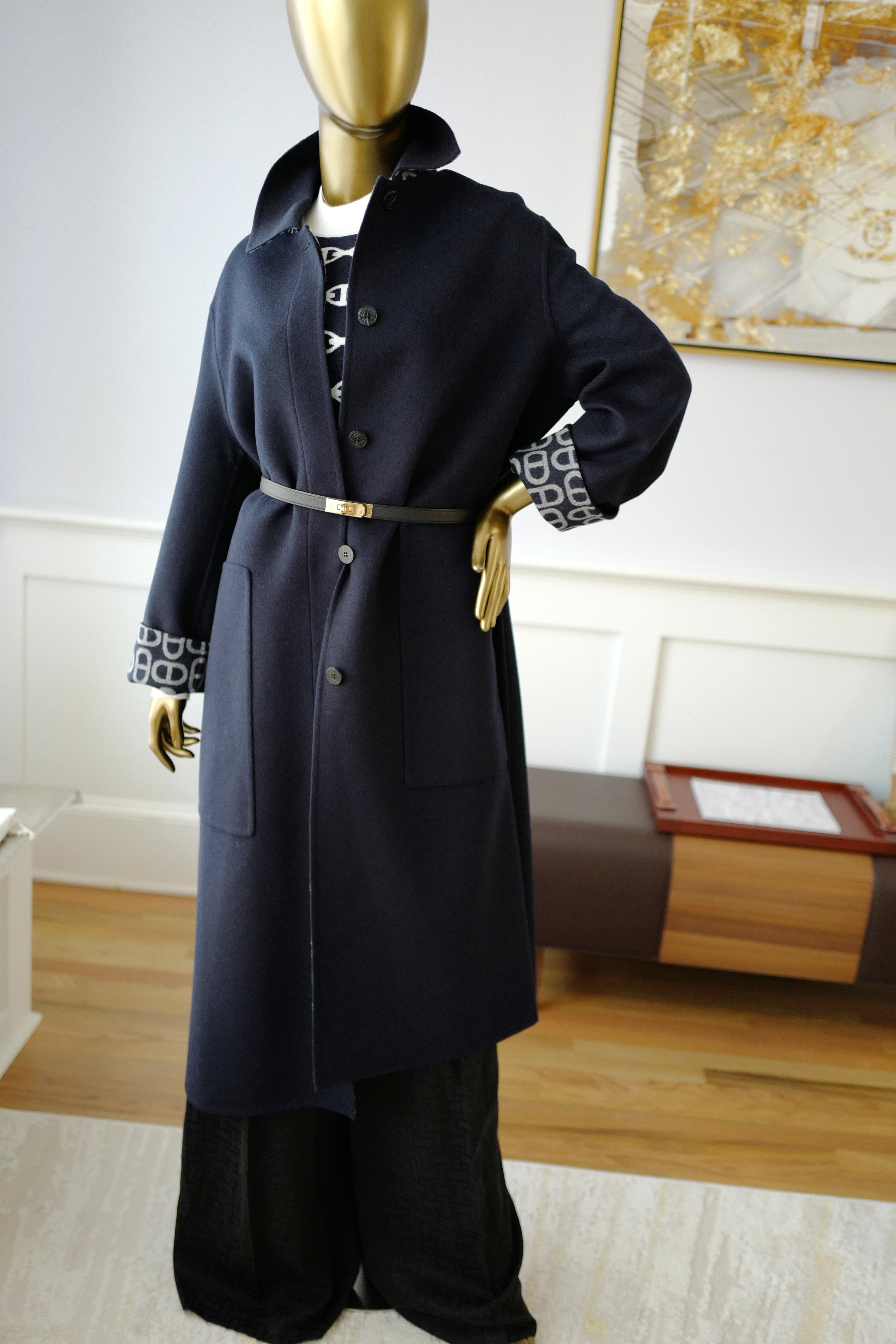 NEW Hermes Chaine d'Ancre Double Cashmere Long Coat in Bleu Marine size 36