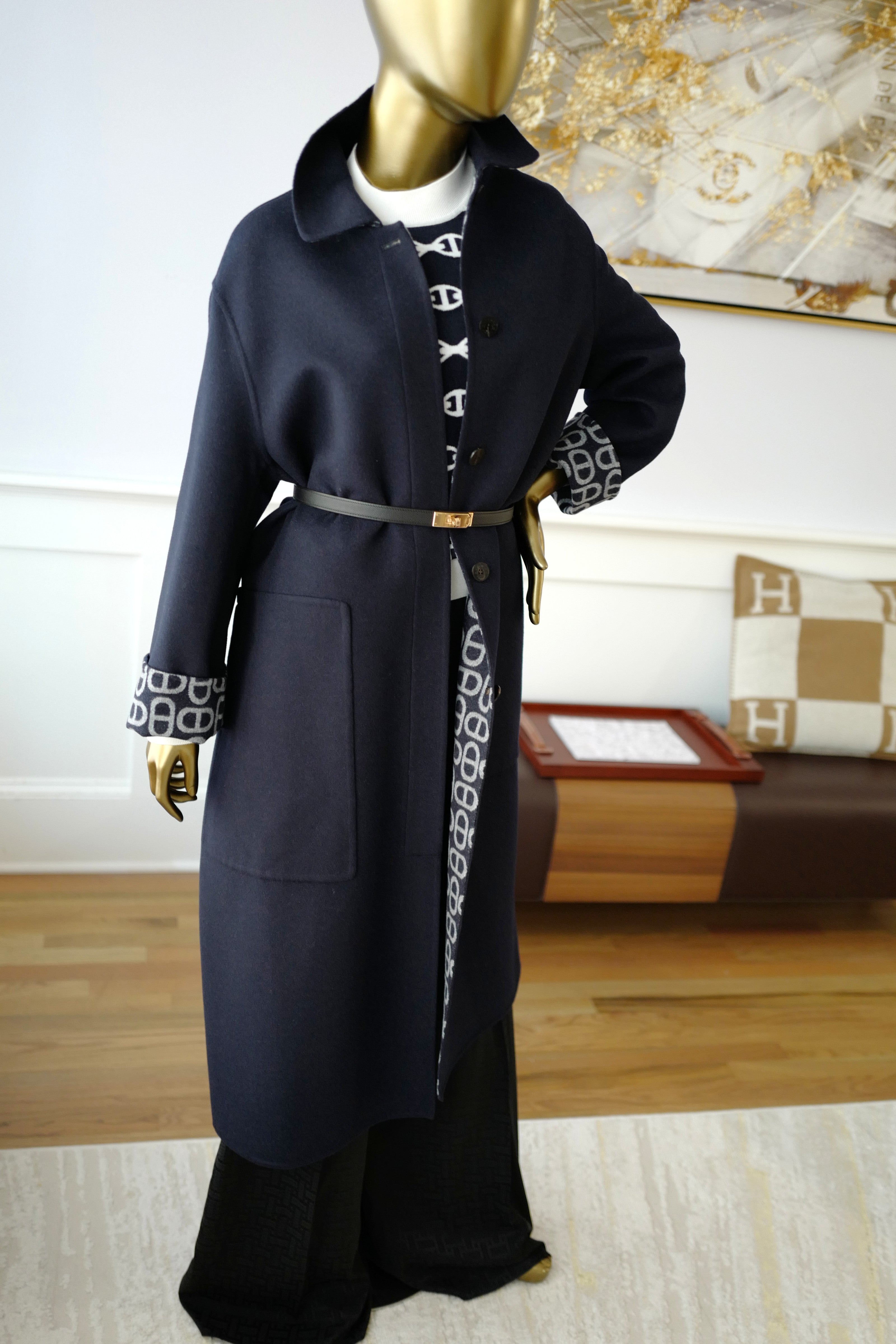 NEW Hermes Chaine d'Ancre Double Cashmere Long Coat in Bleu Marine size 36