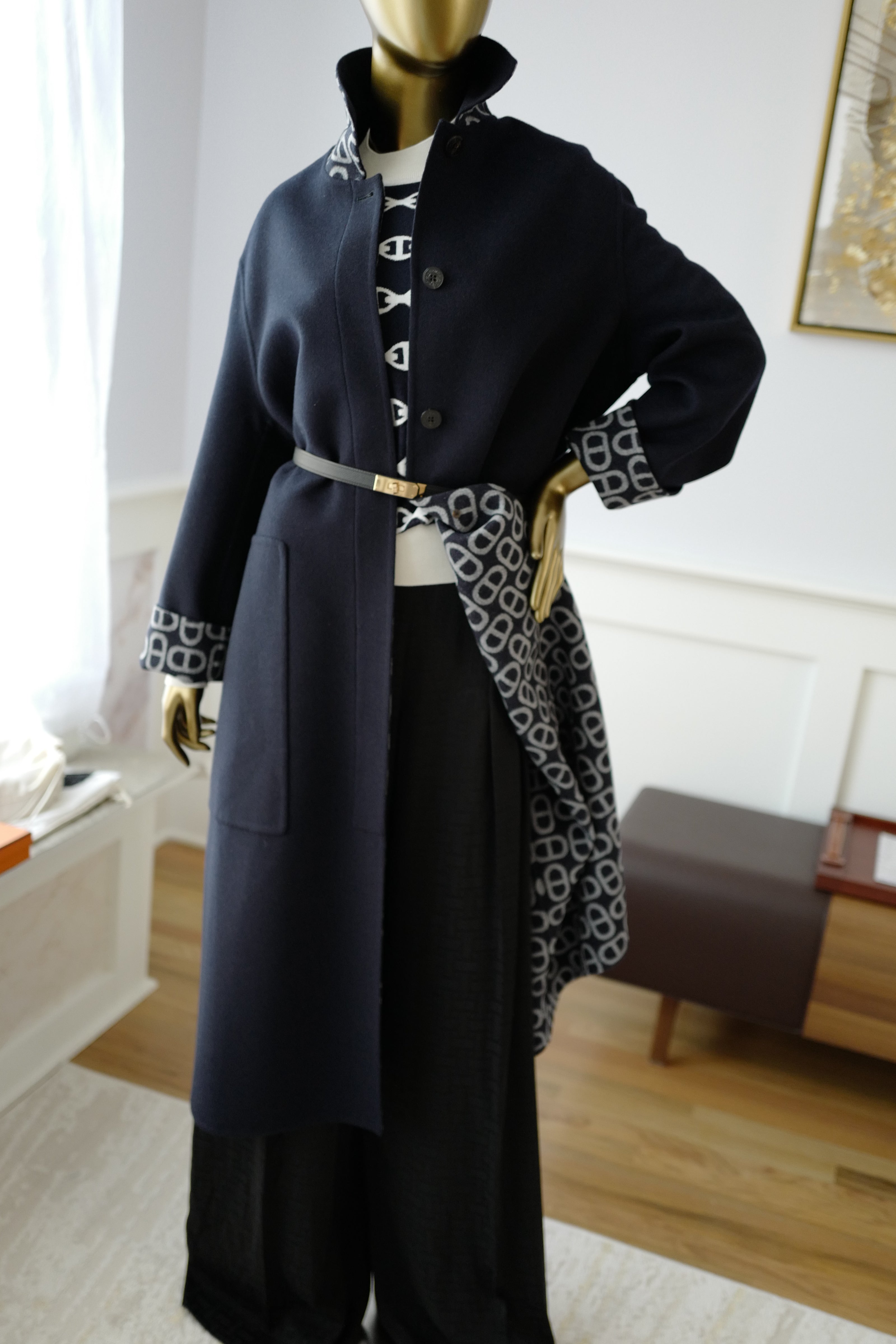 NEW Hermes Chaine d'Ancre Double Cashmere Long Coat in Bleu Marine size 36