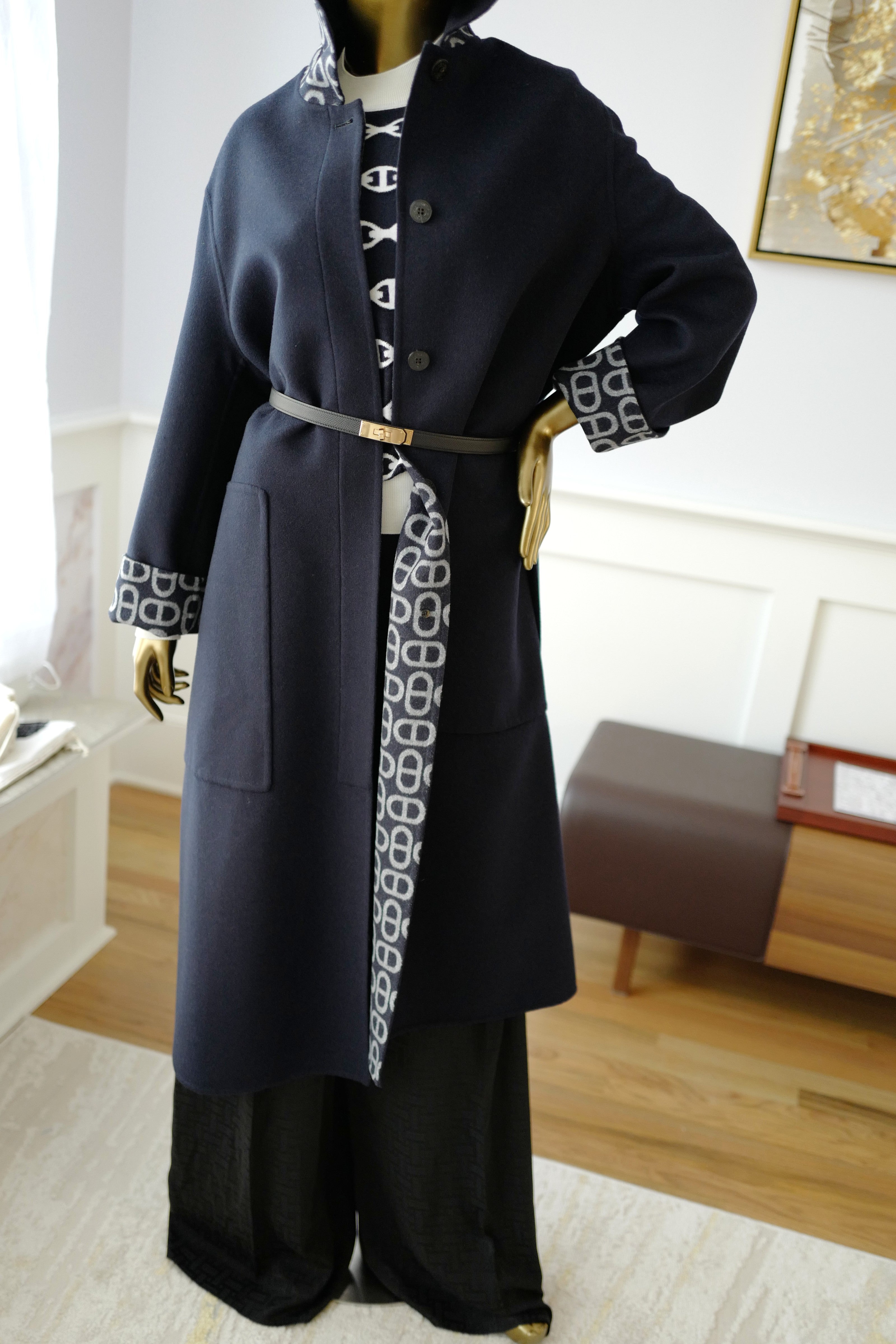NEW Hermes Chaine d'Ancre Double Cashmere Long Coat in Bleu Marine size 36