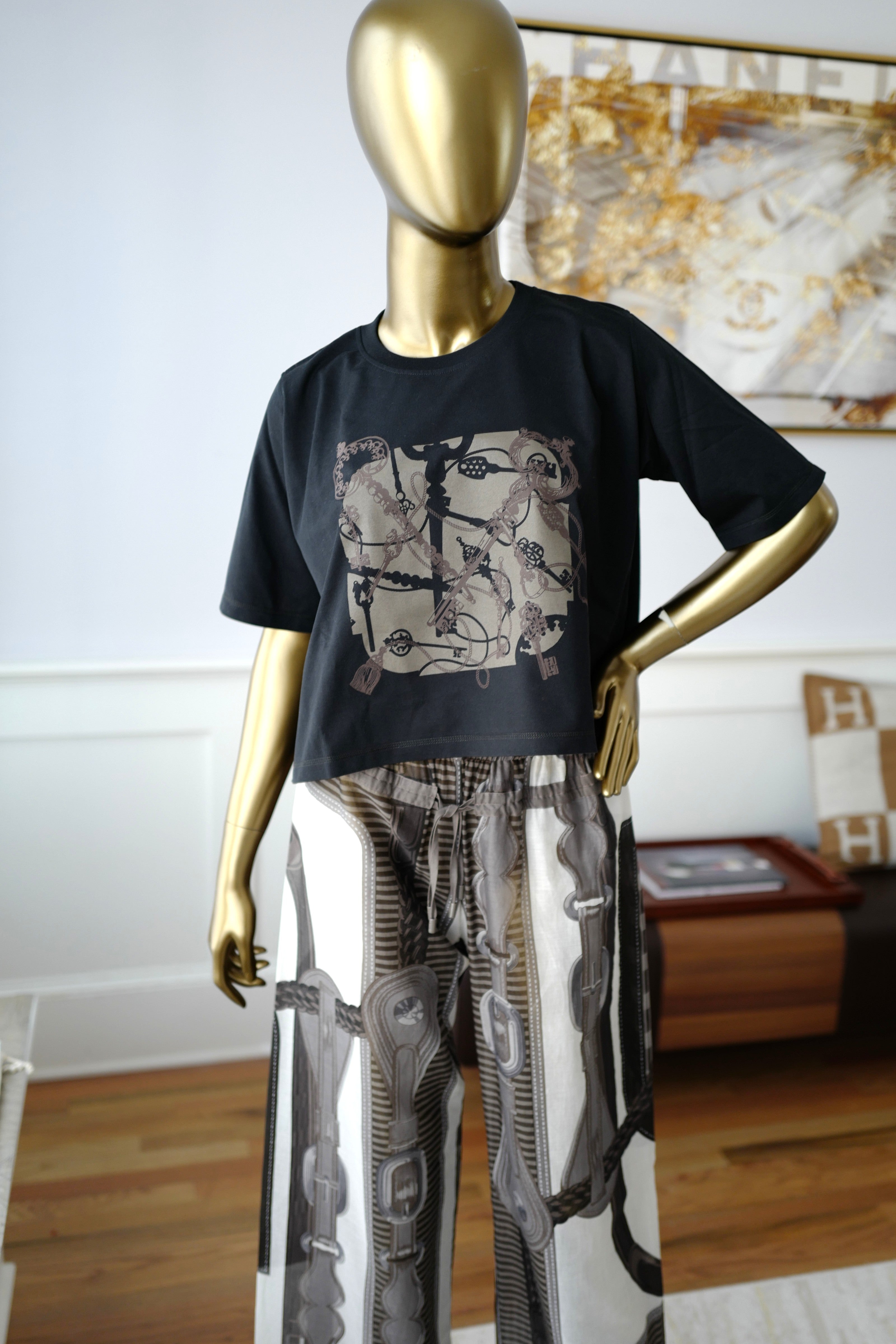 NEW Hermès "Les Clefs" Cropped T-shirt Noir Size 36 SS25