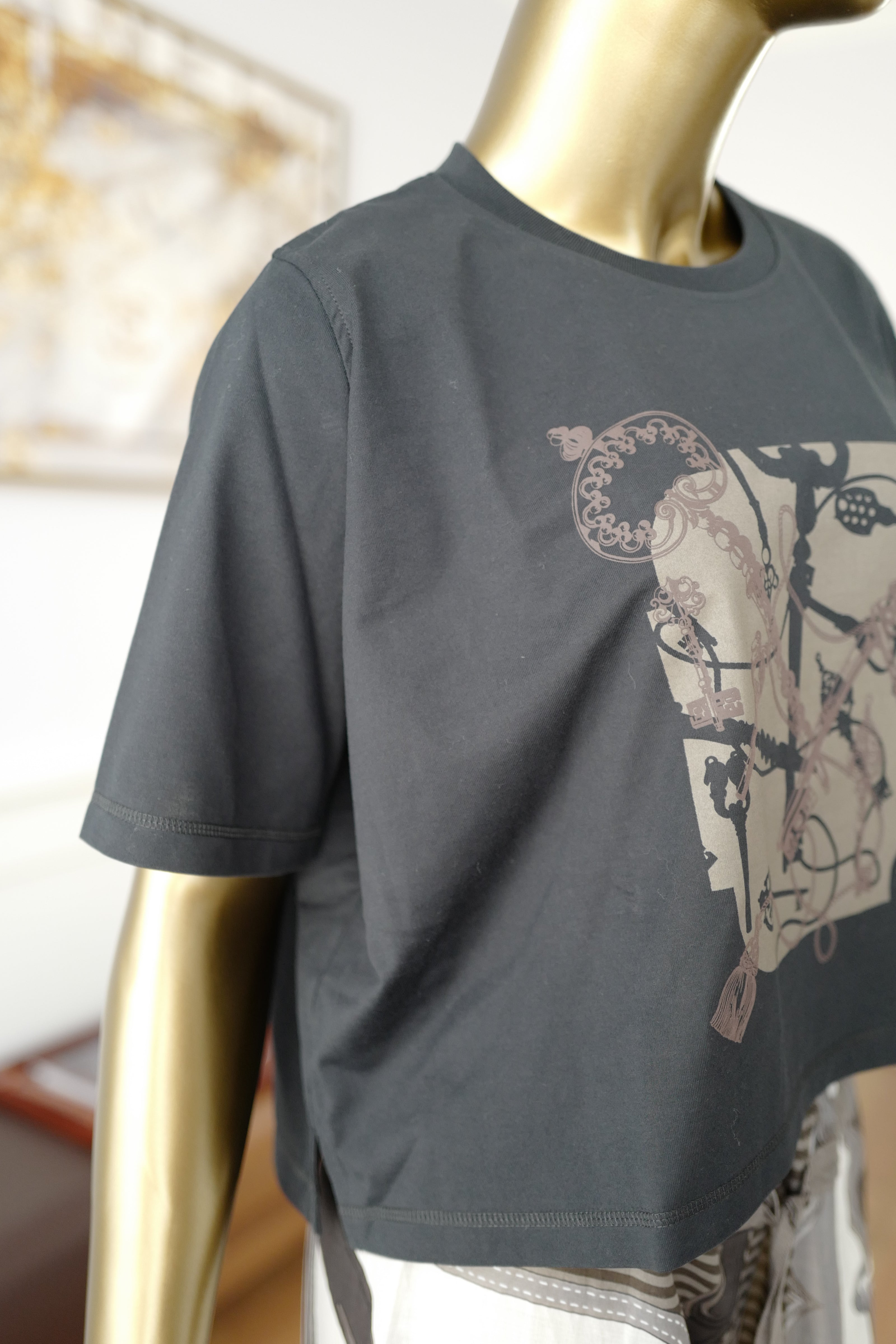 NEW Hermès "Les Clefs" Cropped T-shirt Noir Size 36 SS25
