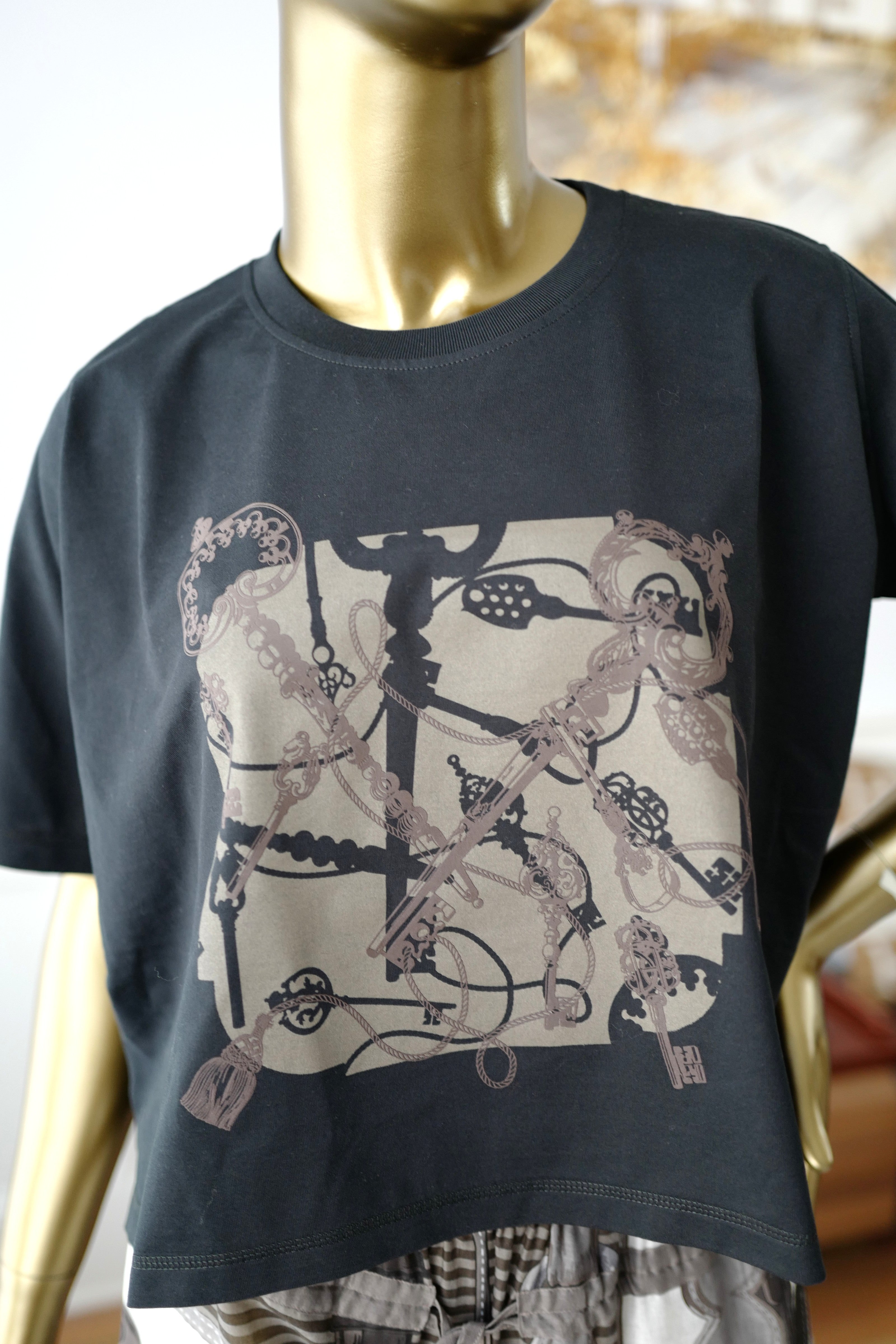 NEW Hermès "Les Clefs" Cropped T-shirt Noir Size 36 SS25