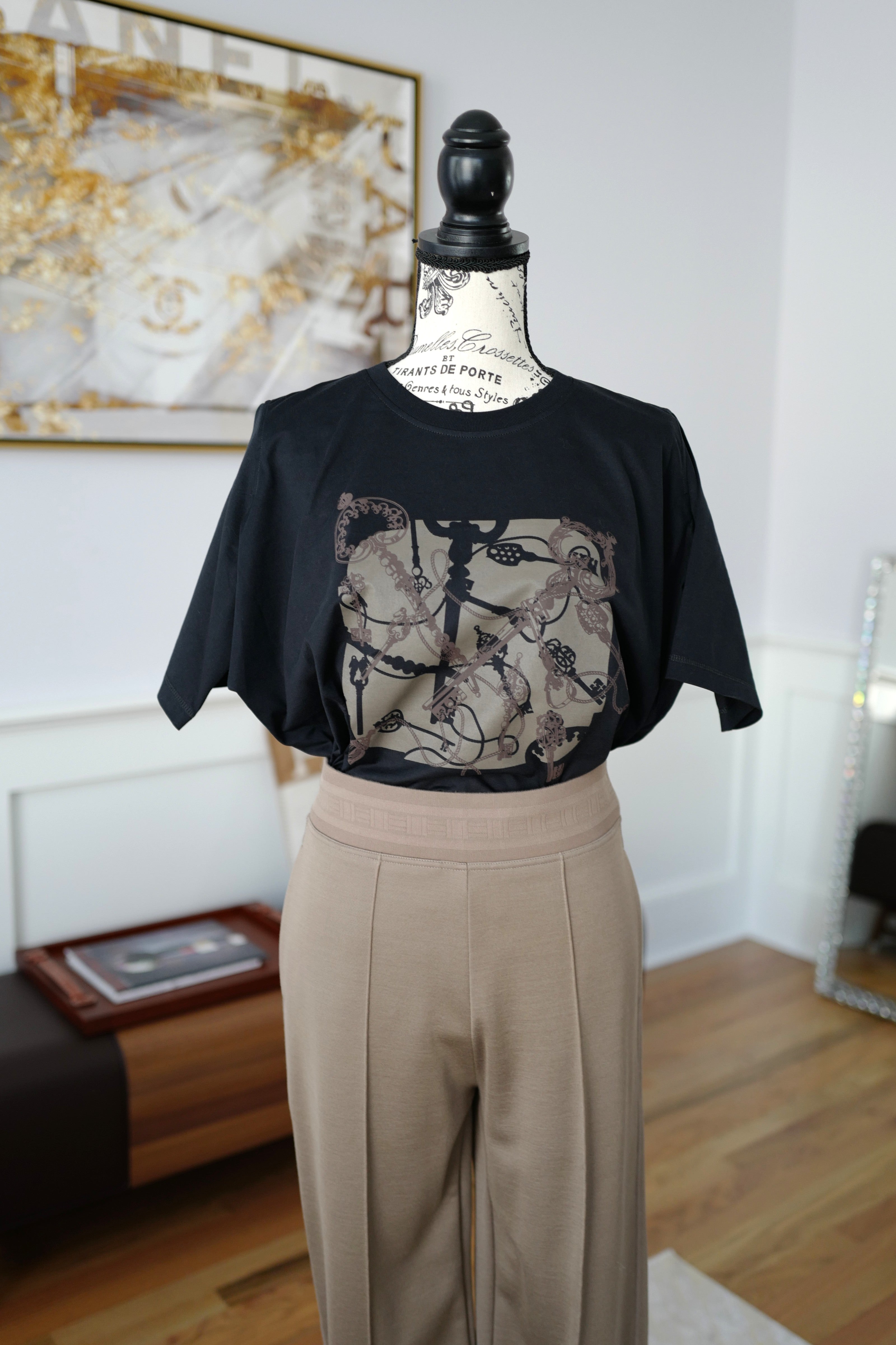 NEW Hermès "Les Clefs" Cropped T-shirt Noir Size 36 SS25