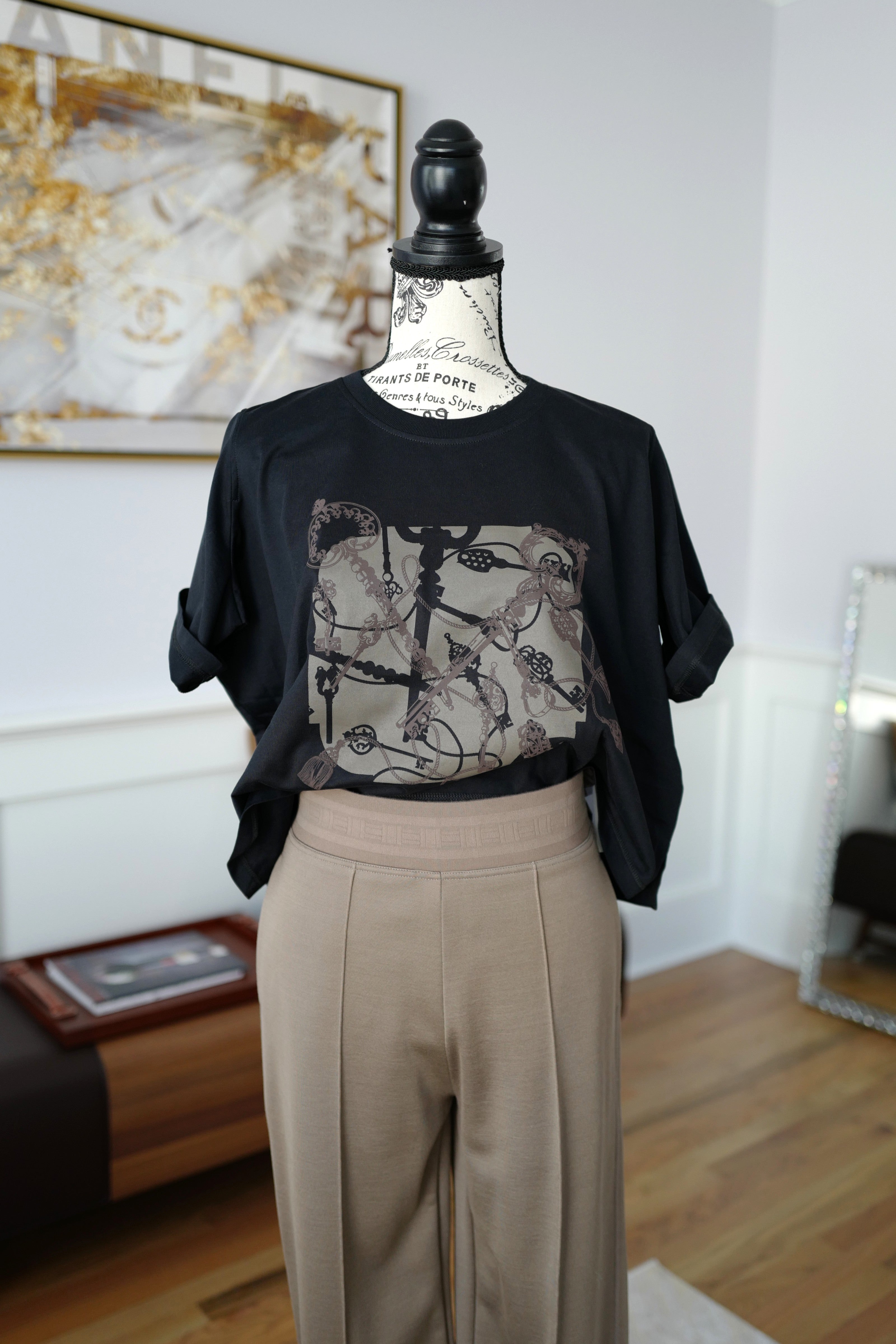NEW Hermès "Les Clefs" Cropped T-shirt Noir Size 36 SS25