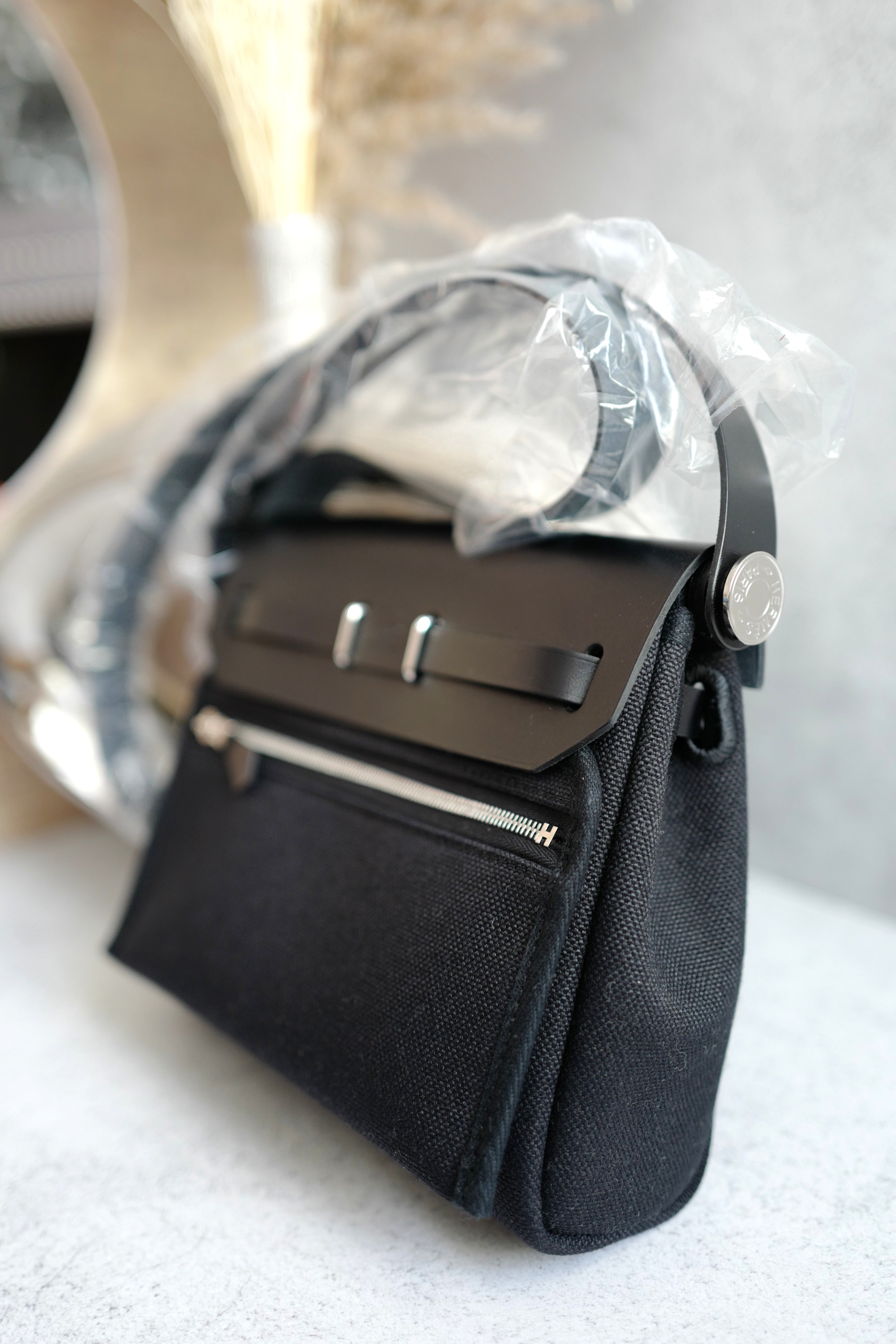 BNIB Hermes Mini Herbag In Black on Black W with Palladium hardware Crossbody