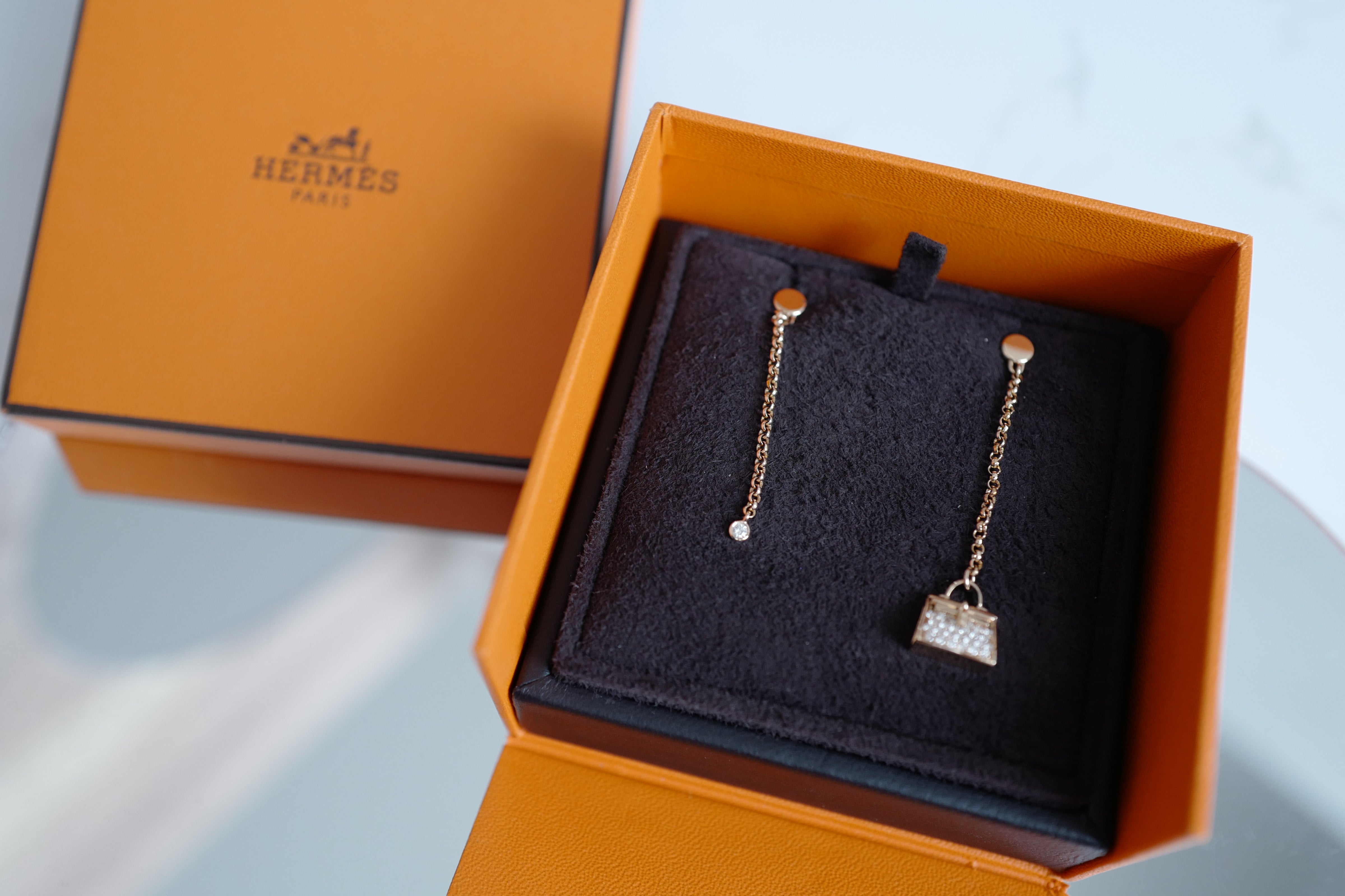 Hermes 18K Chaine Amulette Kelly Diamonds Rose Gold Ear Studs Earrings BNIB $10K