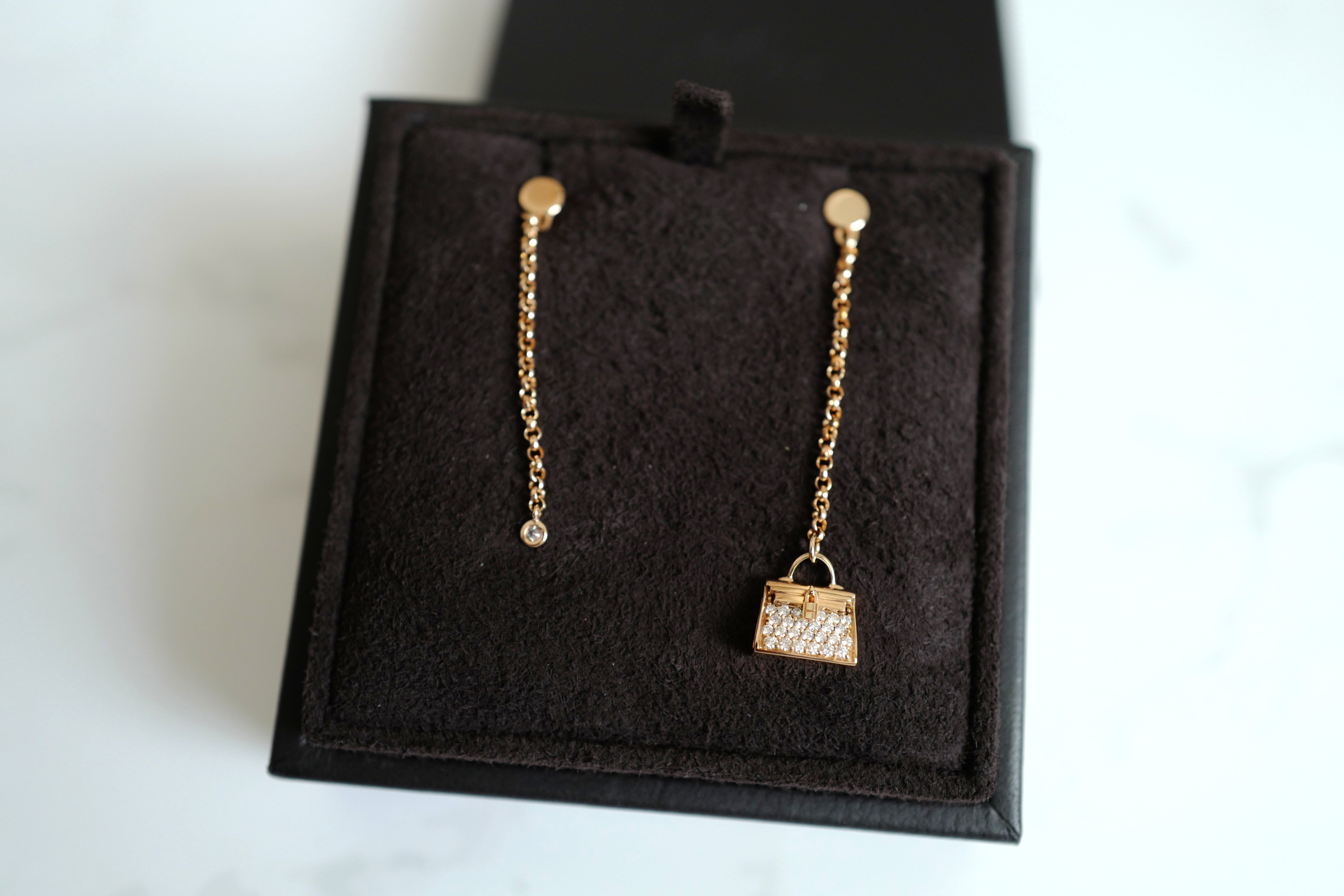 Hermes 18K Chaine Amulette Kelly Diamonds Rose Gold Ear Studs Earrings BNIB $10K