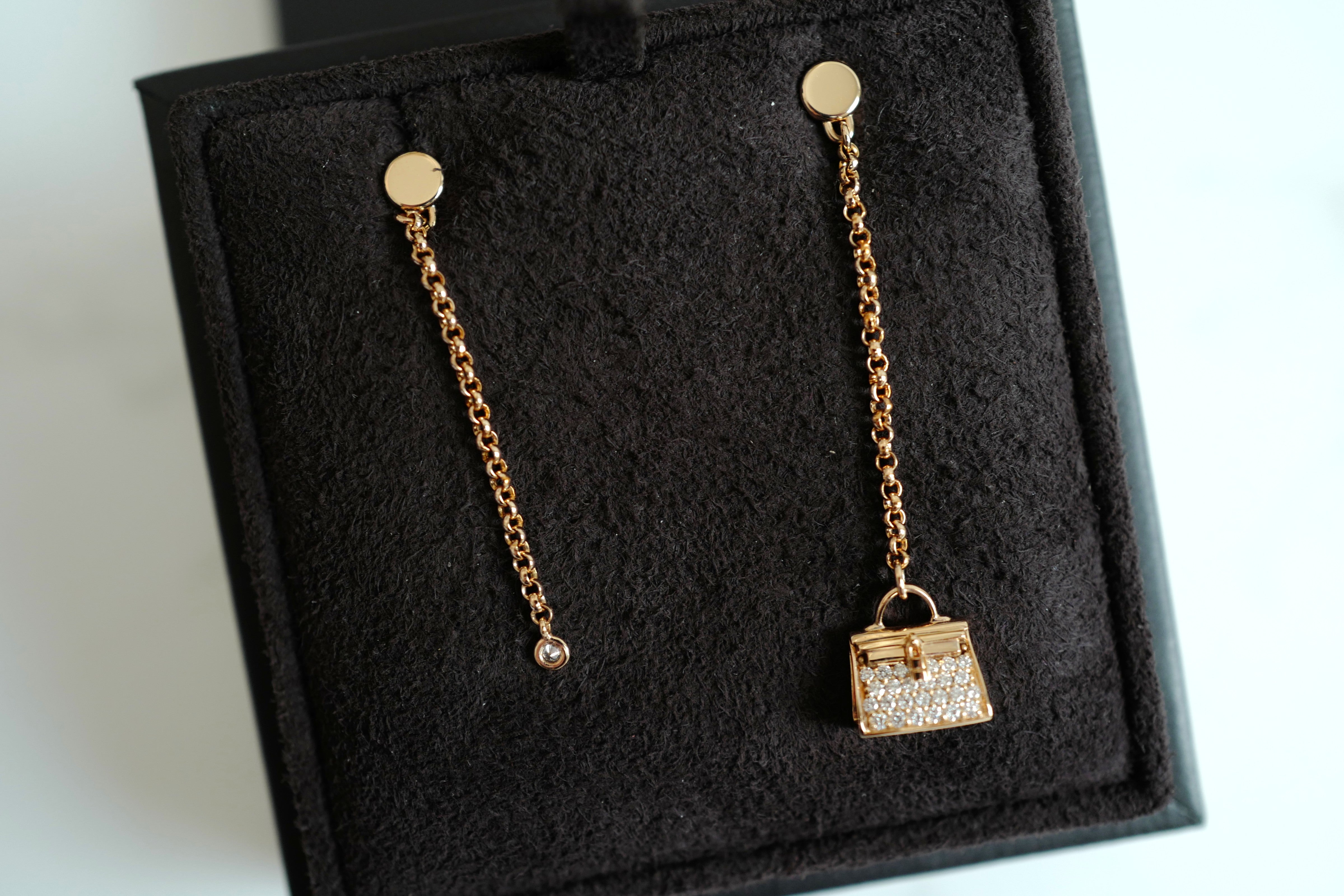 Hermes 18K Chaine Amulette Kelly Diamonds Rose Gold Ear Studs Earrings BNIB $10K