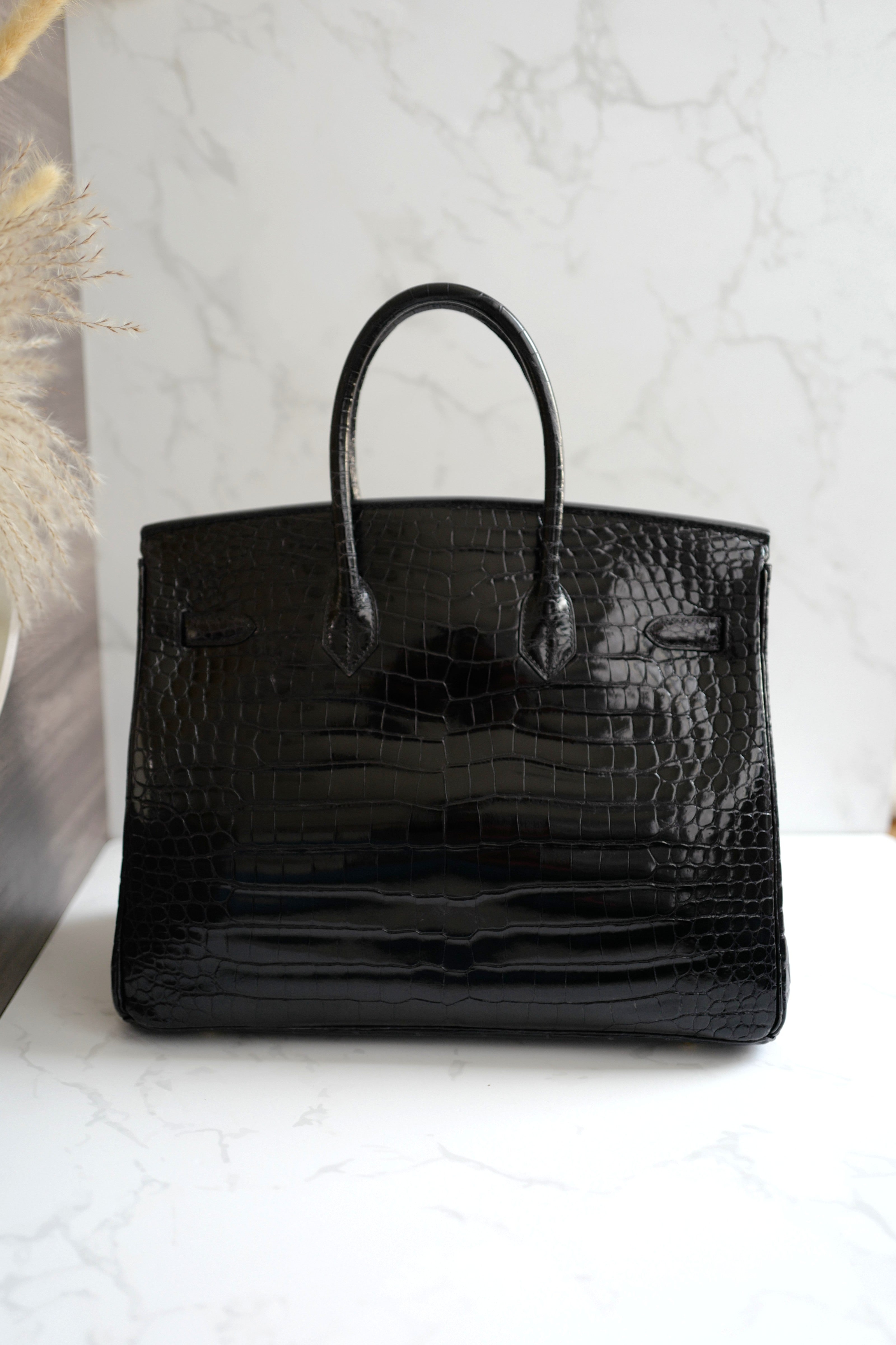 Hermès Birkin 35 Black Shiny Porosus Crocodile Gold HW #D Preowned Condition