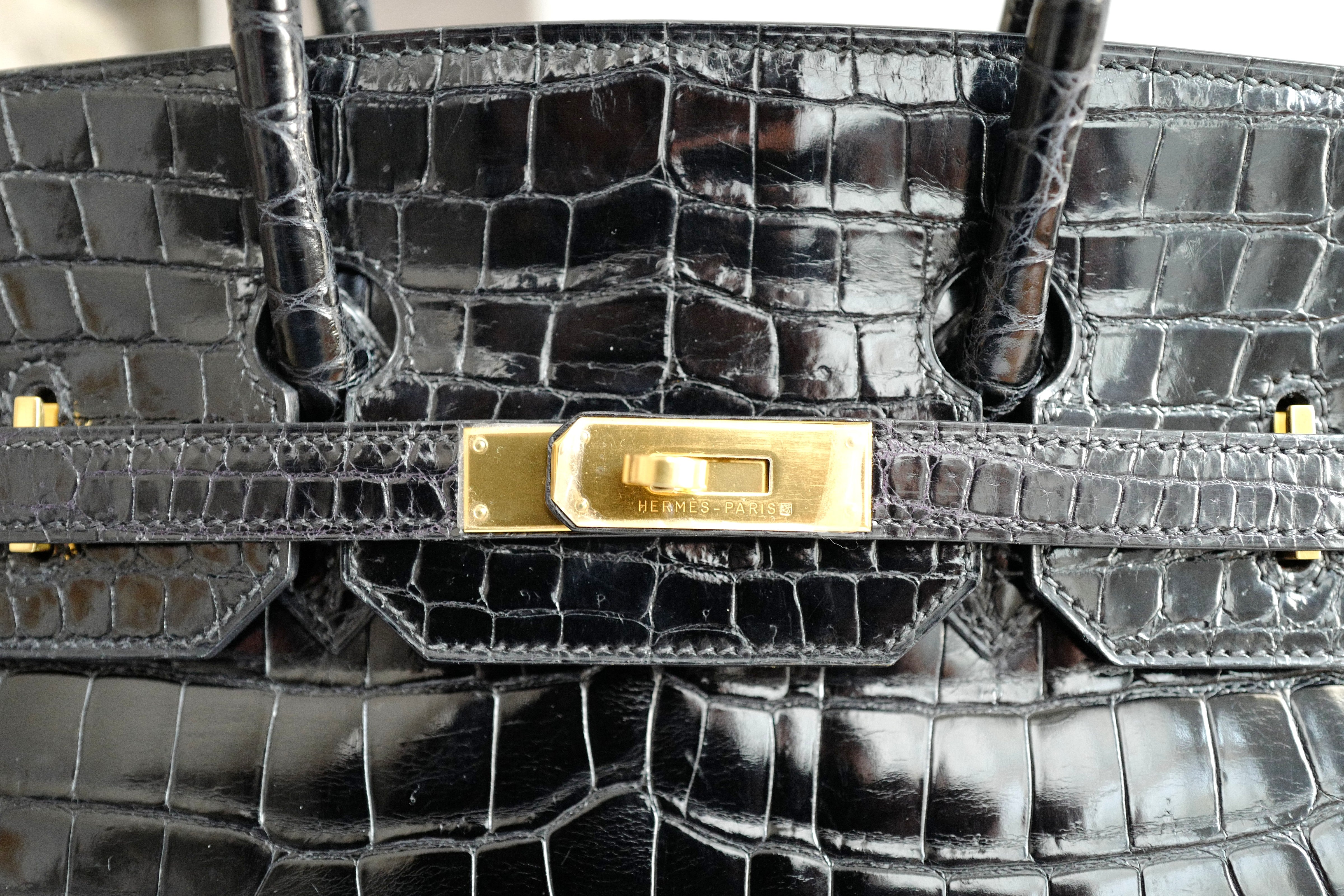 Hermès Birkin 35 Black Shiny Porosus Crocodile Gold HW #D Preowned Condition