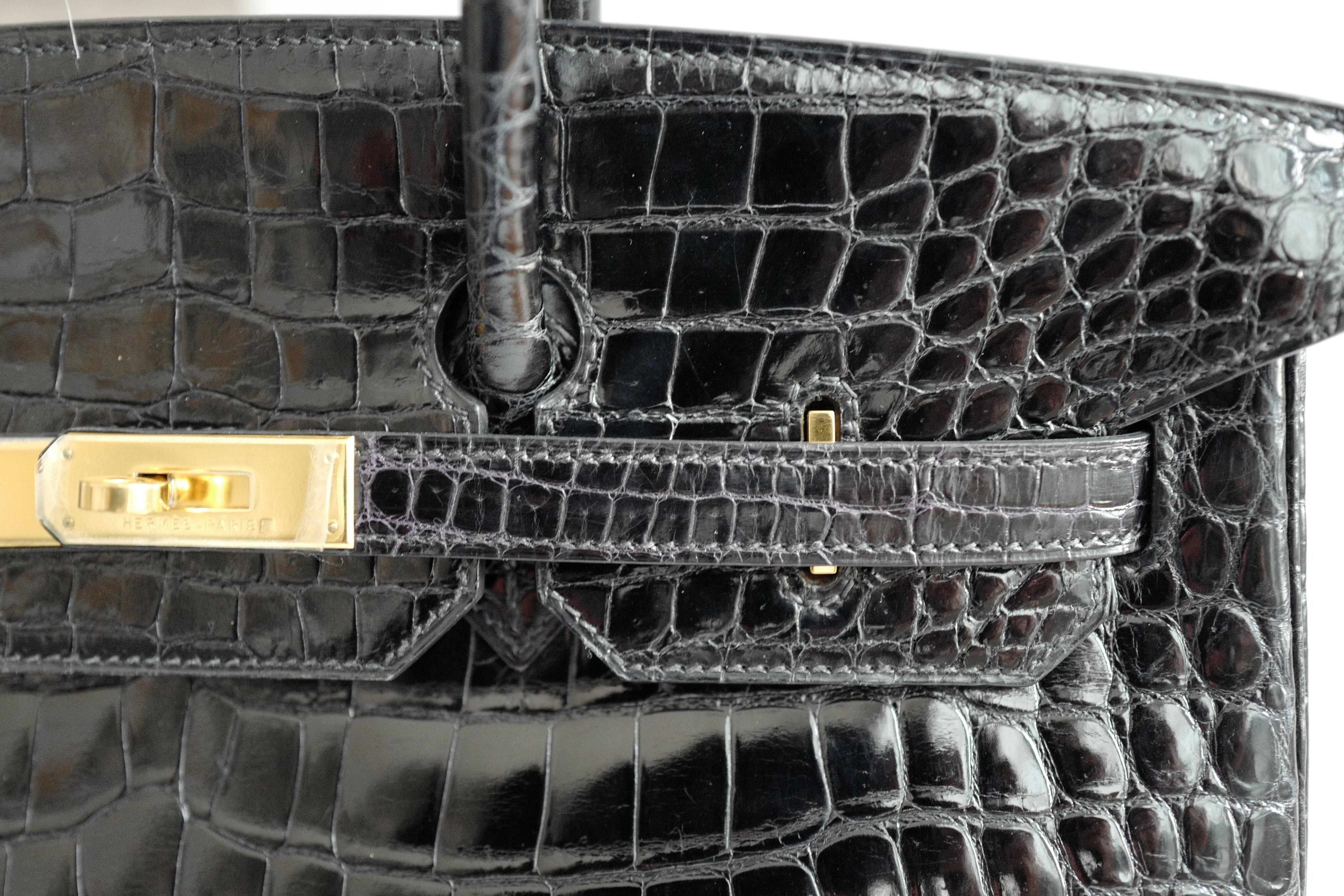 Hermès Birkin 35 Black Shiny Porosus Crocodile Gold HW #D Preowned Condition