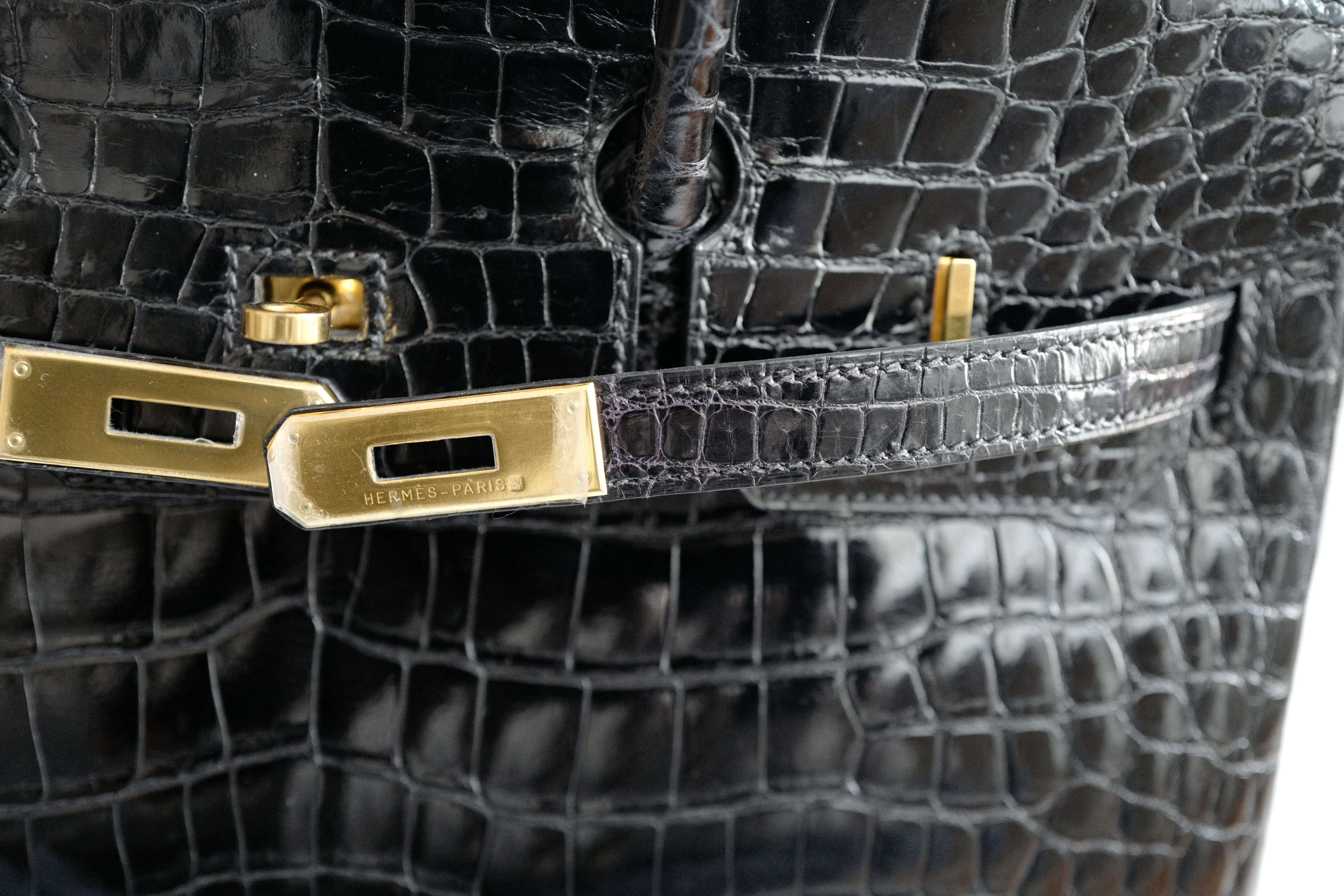 Hermès Birkin 35 Black Shiny Porosus Crocodile Gold HW #D Preowned Condition