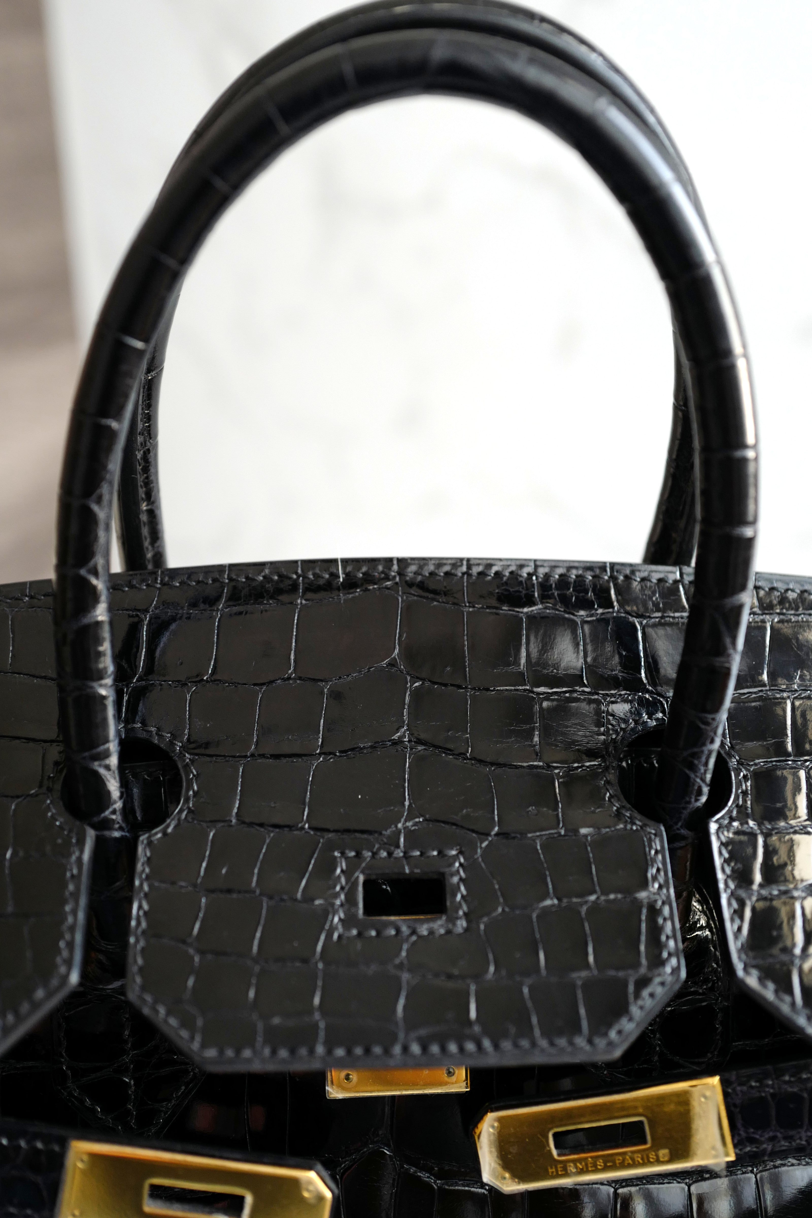 Hermès Birkin 35 Black Shiny Porosus Crocodile Gold HW #D Preowned Condition
