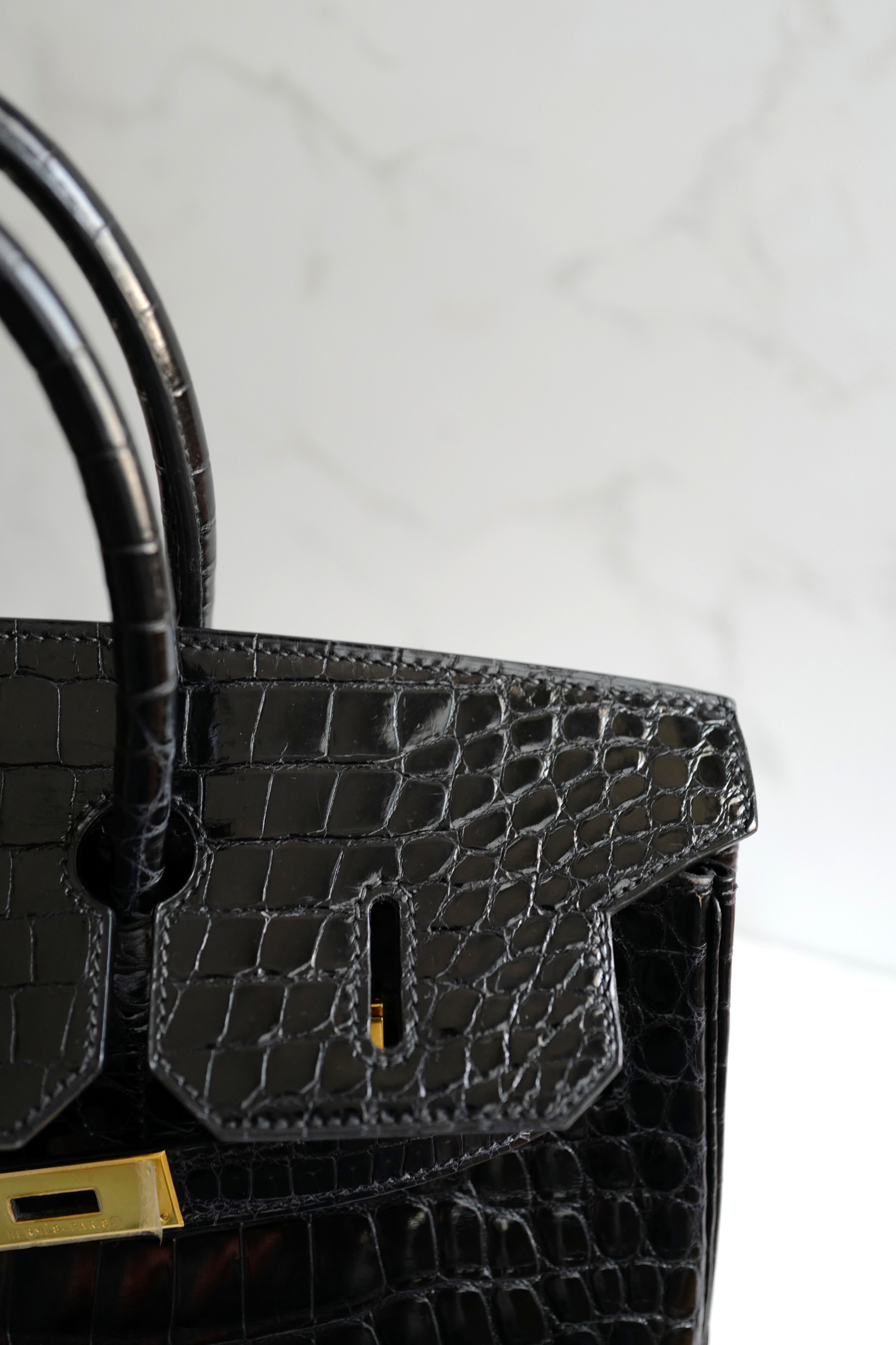 Hermès Birkin 35 Black Shiny Porosus Crocodile Gold HW #D Preowned Condition