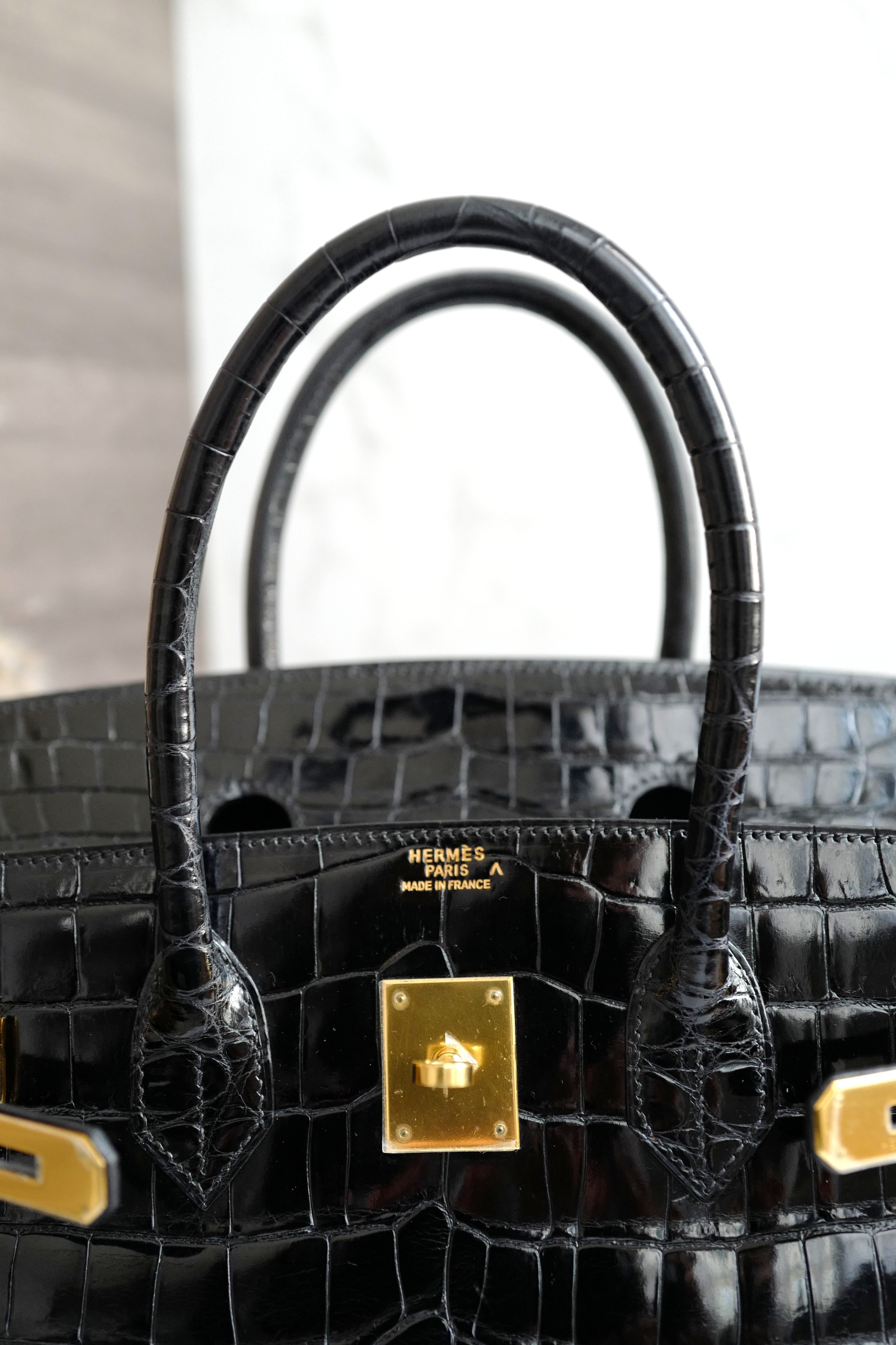 Hermès Birkin 35 Black Shiny Porosus Crocodile Gold HW #D Preowned Condition