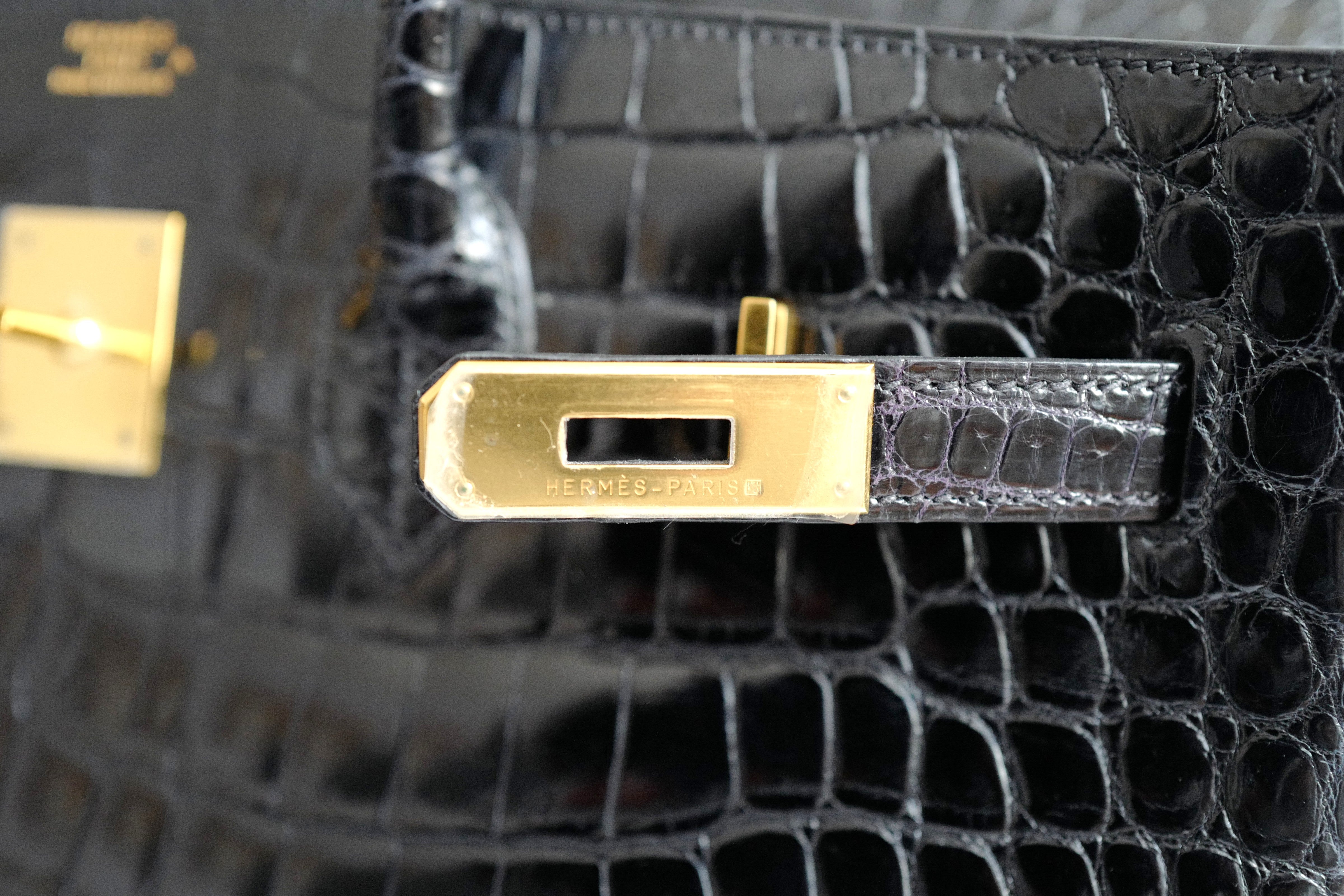 Hermès Birkin 35 Black Shiny Porosus Crocodile Gold HW #D Preowned Condition