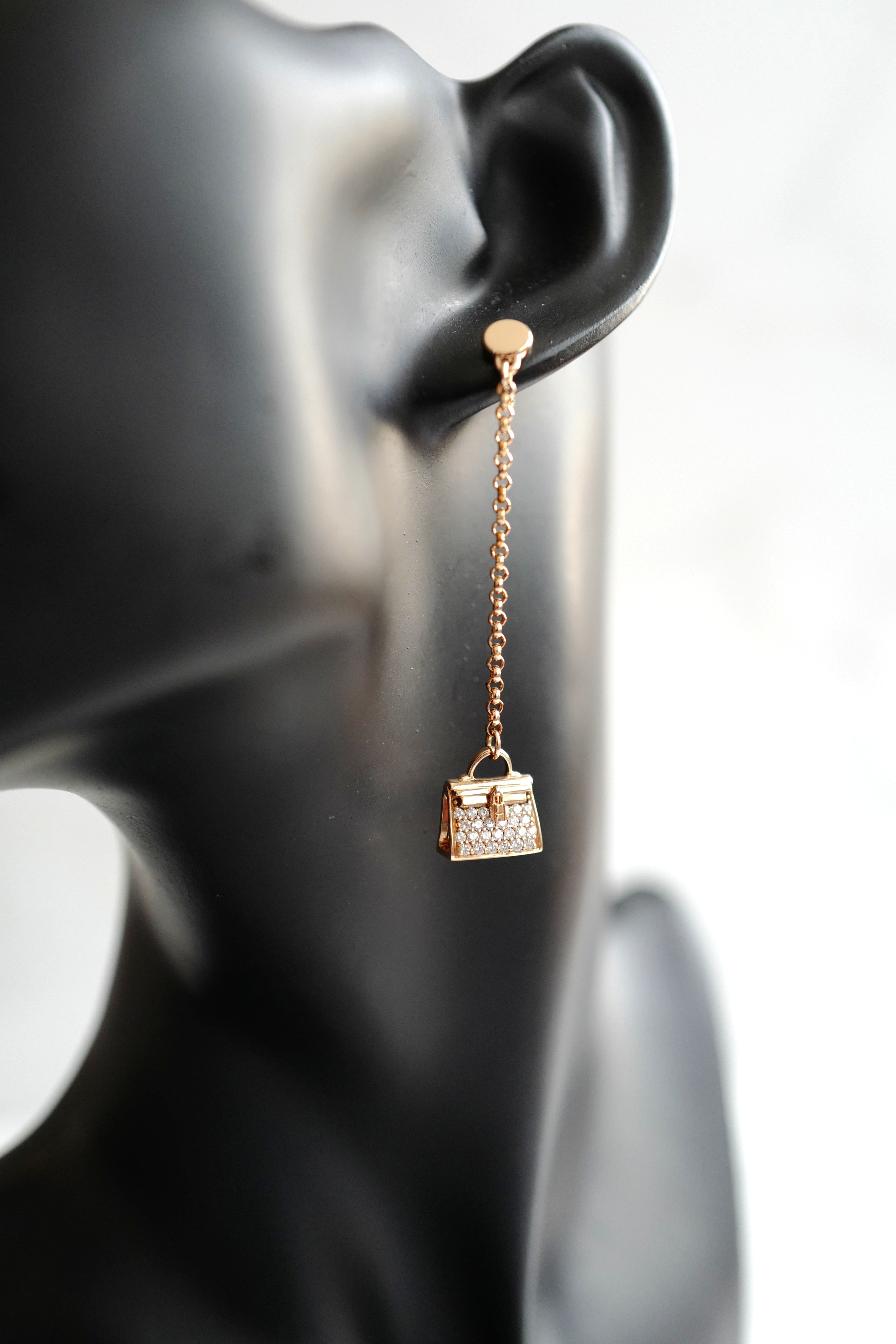 Hermes 18K Chaine Amulette Kelly Diamonds Rose Gold Ear Studs Earrings BNIB $10K