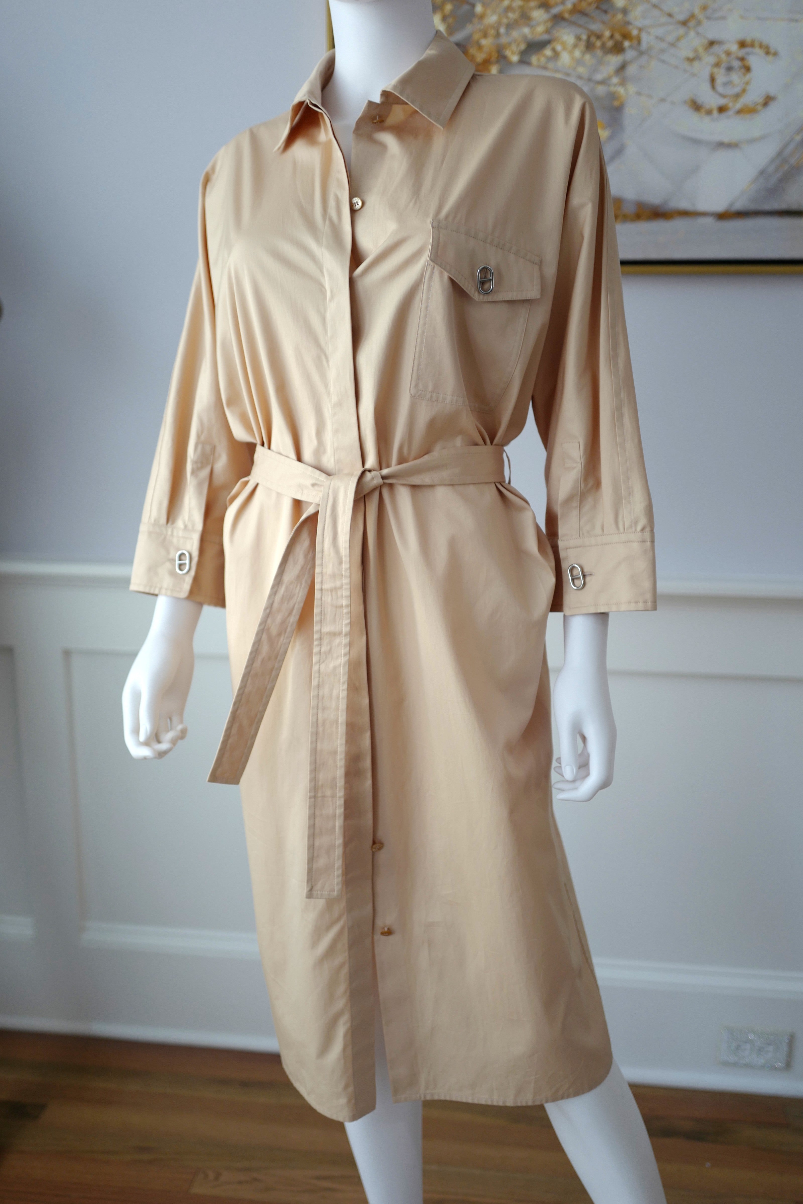 Hermes 23 SS Shirt Dress / Long Cardigan in Beige Palomino size 42 NEW
