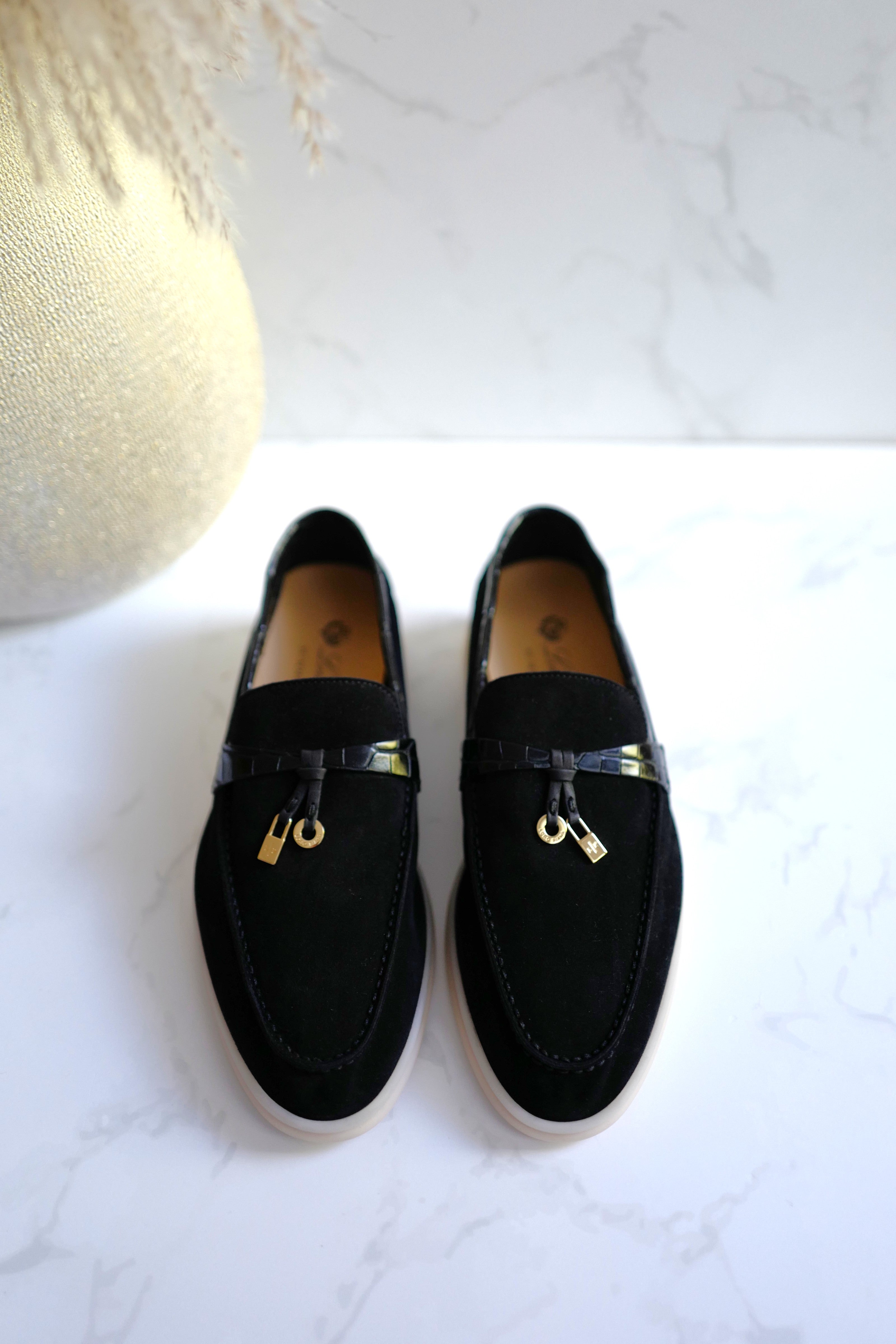 BNIB Loro Piana Summer Charms Walk Loafers In Black Suede Alligator strap Size 37