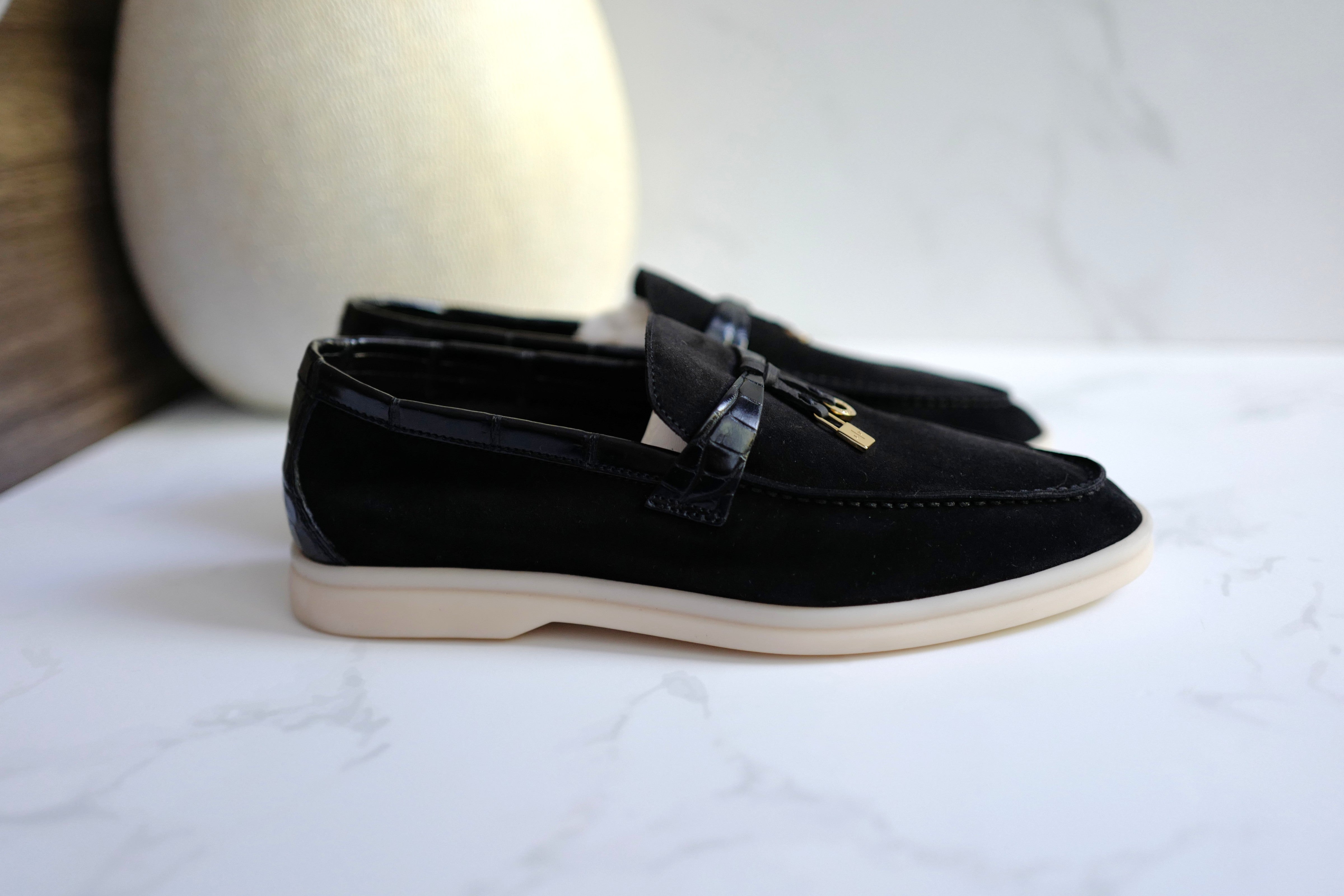 BNIB Loro Piana Summer Charms Walk Loafers In Black Suede Alligator strap Size 37